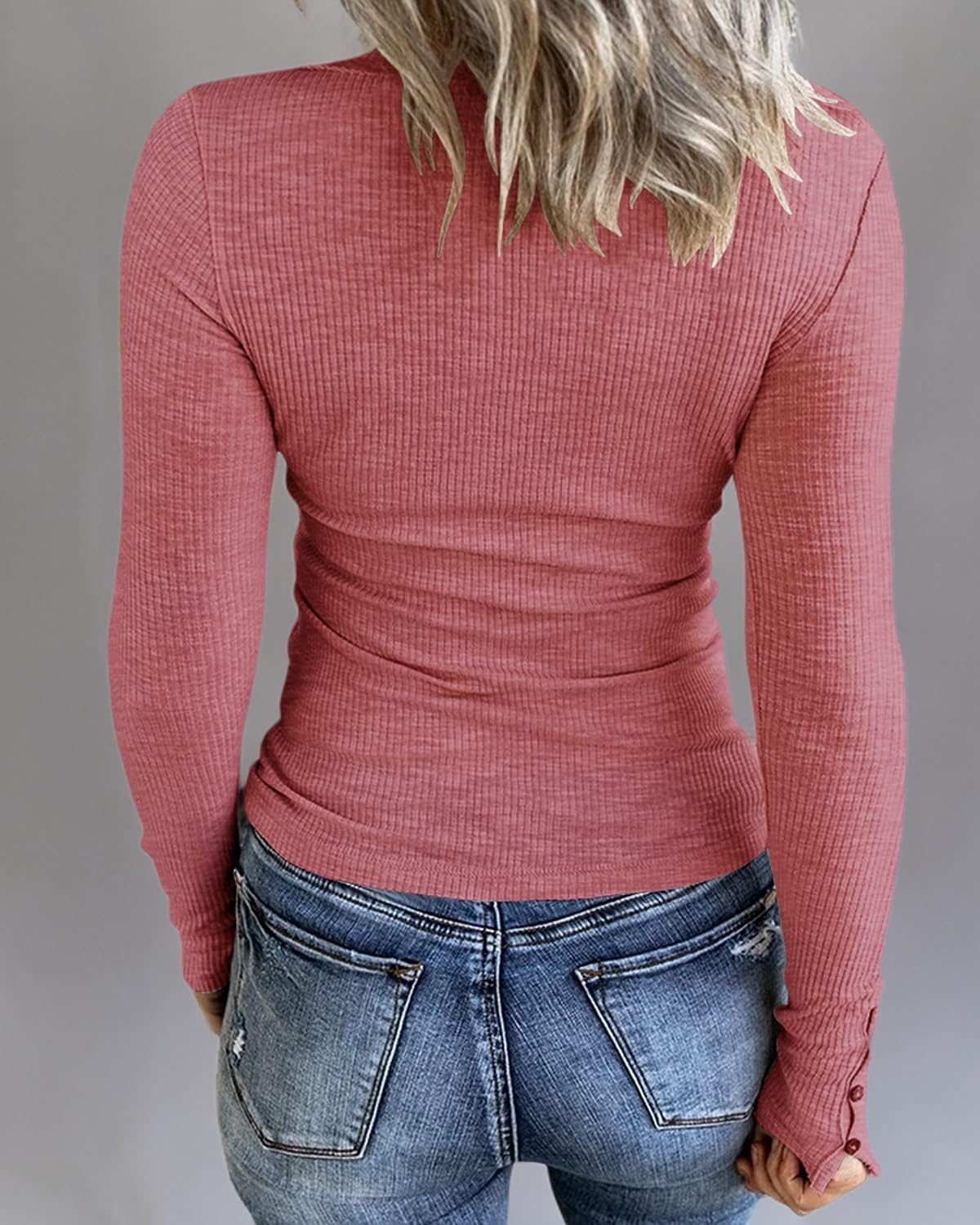 KINLONSAIR Women's Long Sleeve Henley T-Shirt - Button Down Slim Fit Scoop Neck Ribbed Knit Top for Casual Wear, Office & Date Night Outfits
