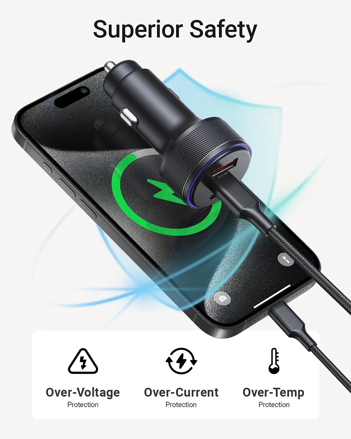 90W 3-Port Car Charger for iPhone 16/Pro Max - Fast USB-C Charging for Road Trips