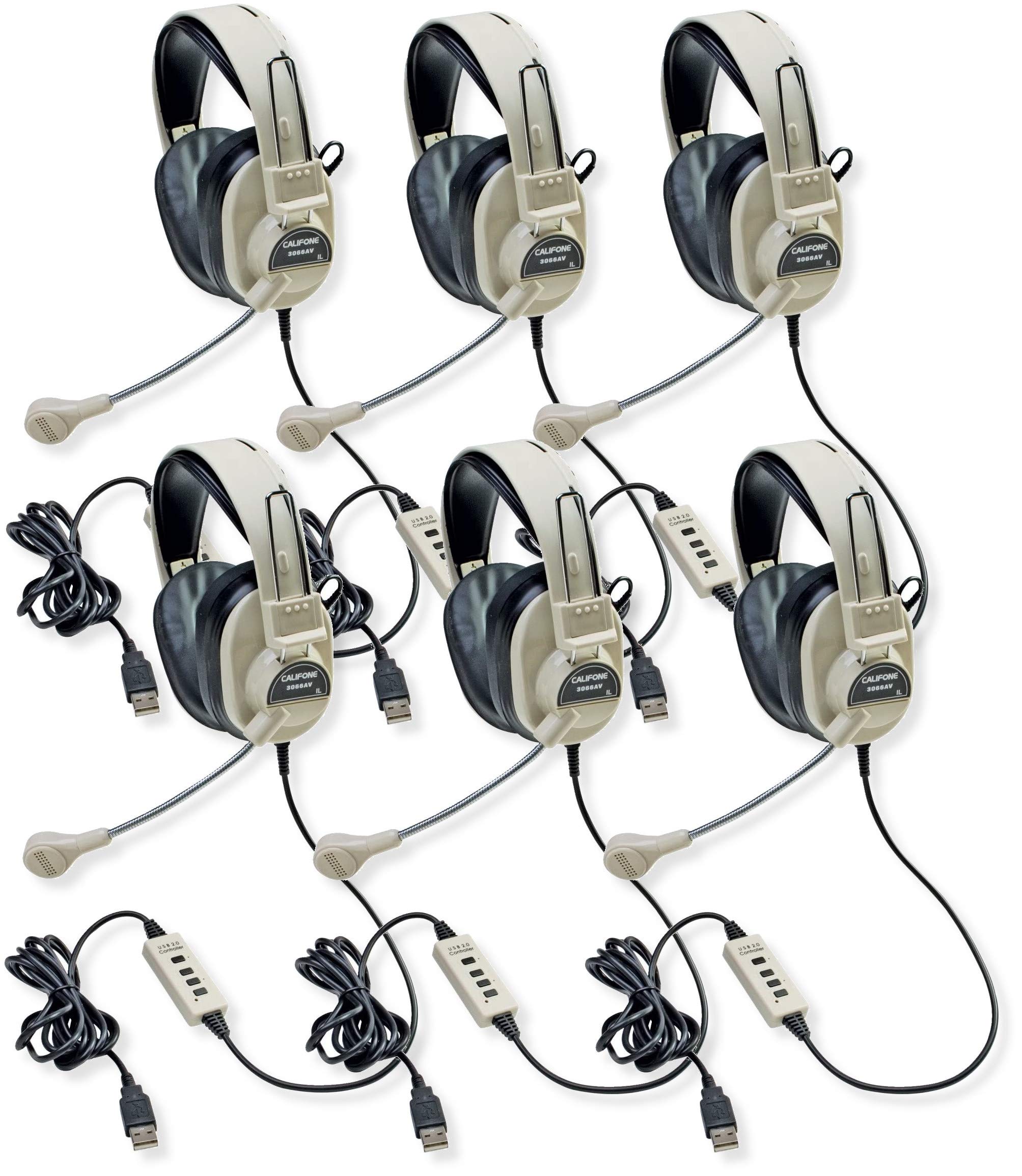 Califone 3066-USB Deluxe Multimedia Stereo Headset with USB Plug - Noise Cancelling Over-Ear Headphones with Adjustable Mic & Volume Control (6-Pack) - Perfect for Online Classes, Gaming & Remote Work