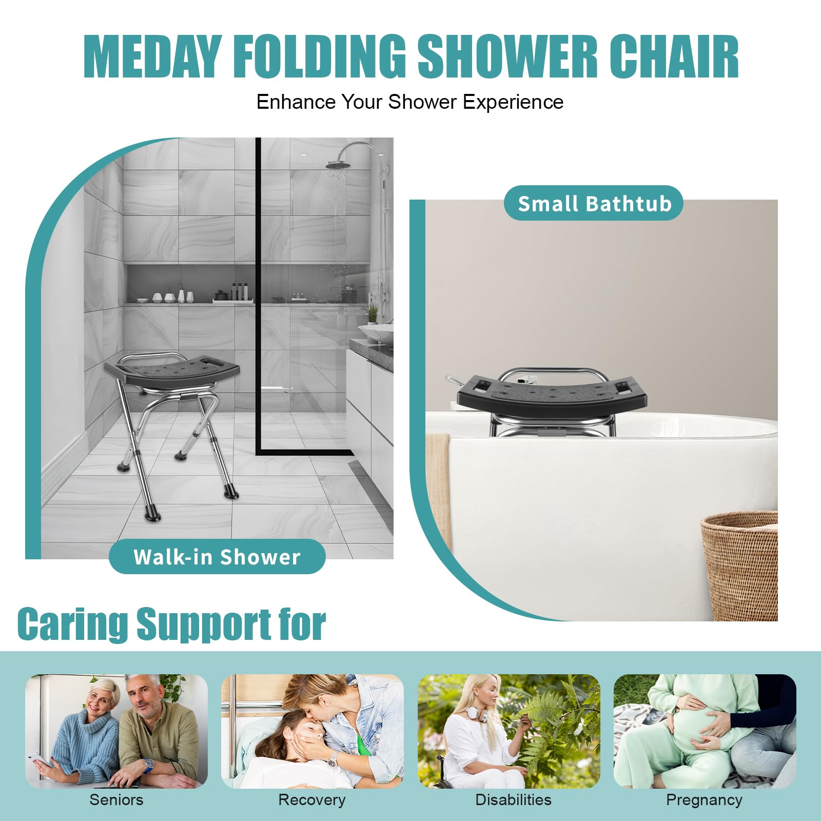 Adjustable Folding Shower Chair Seat - 400lbs Capacity Stainless Steel Bath Stool with Anti-Slip Feet - Portable Travel Shower Seat for Elderly & Disabled - Ideal for Home, Hospital & Travel Use (Black)