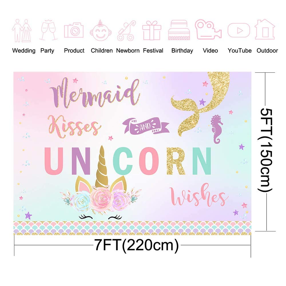 Avezano Unicorn and Mermaid Birthday Backdrop - 7x5ft Under The Sea Themed Party Decor for Magical Birthday Celebrations, Photography Background, Baby Shower & Kids Party Decorations - Mermaid Kisses Unicorn Wishes Banner