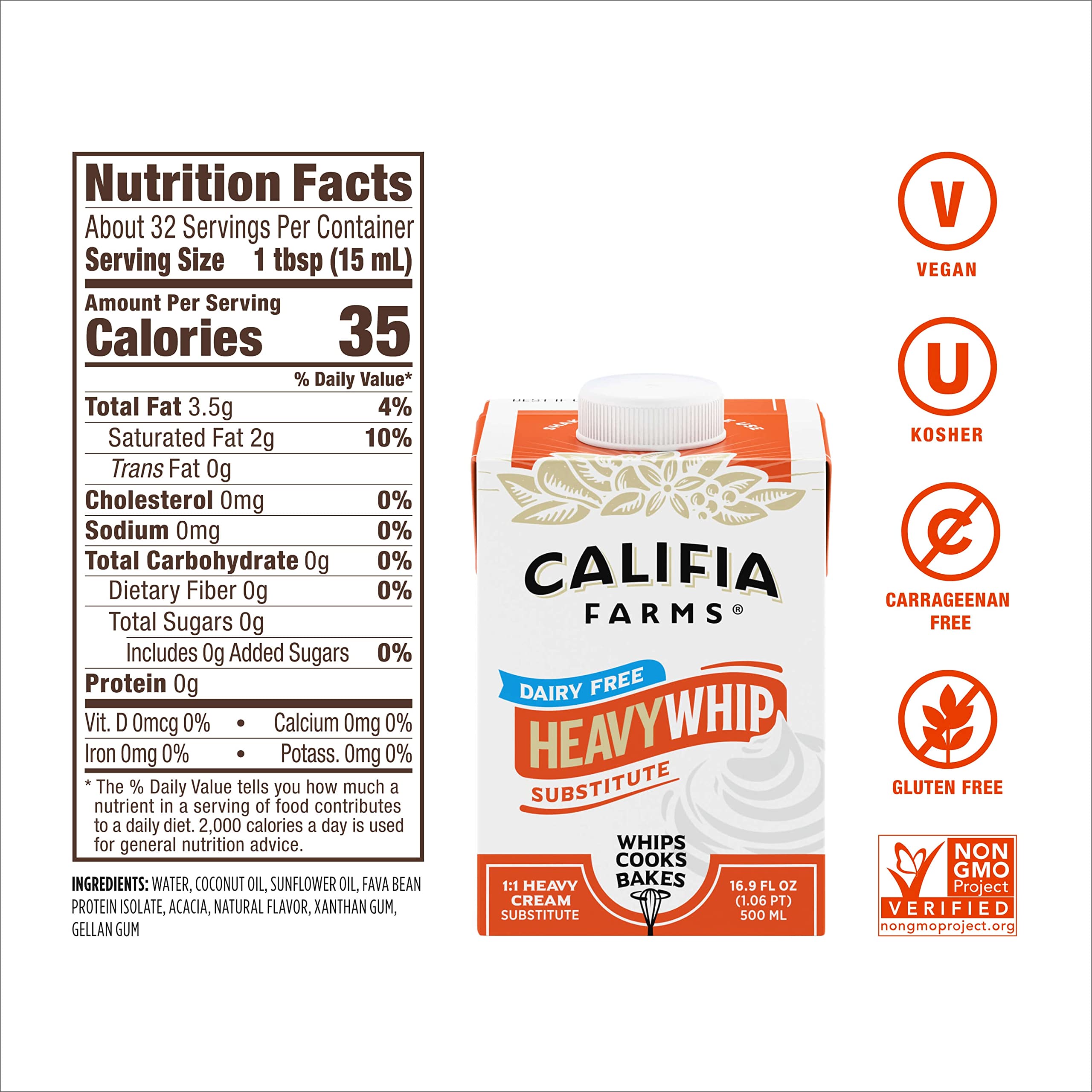 Califia Farms Dairy-Free Heavy Whipping Cream Substitute - 16.9 Oz, Plant-Based, Vegan, Non-GMO, Sugar-Free, Soy-Free | Perfect for Coffee, Baking & Desserts