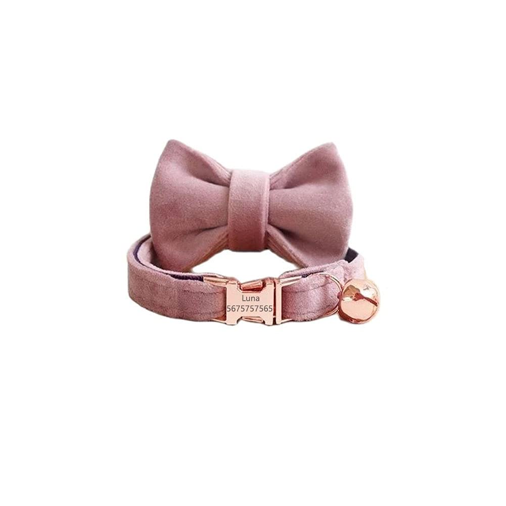 Custom Personalized Cat Collar - Adjustable Velvet Kitten Collar with Bell & Bow Tie - Engraved Nameplate for Small Dogs & Puppies (Size S 16-26cm, Pink) - Perfect for Pet Parties, Photo Shoots & Daily Walks
