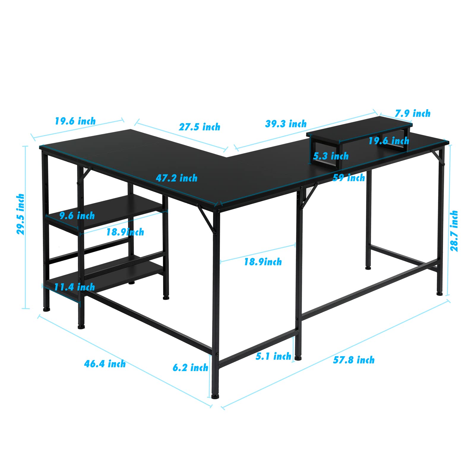 L-Shaped Corner Computer Desk with Storage Shelves - Large Gaming & Workstation Desk with Monitor Stand for Home Office, Study, or Gaming Room - Black