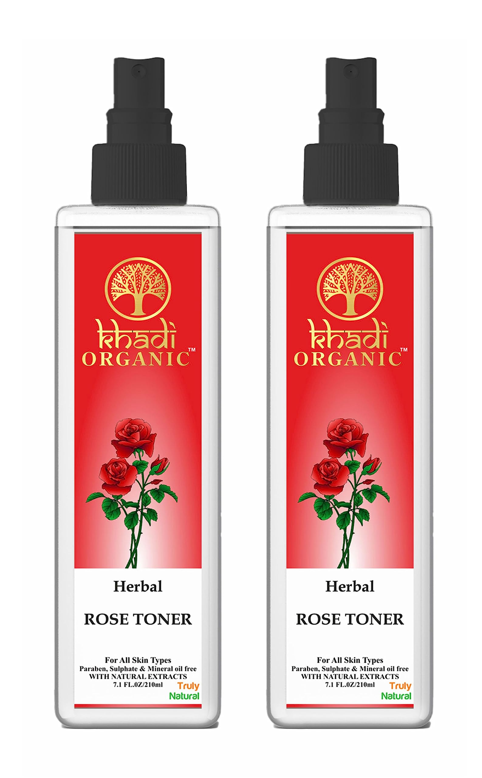Khadi Organic Rose Water Spray for Face & Skin - Pure Ayurvedic Gulab Jal Toner (Pack of 2, 210ml) | Hydrating Facial Mist, Natural Makeup Setting Spray & Skin Refresher