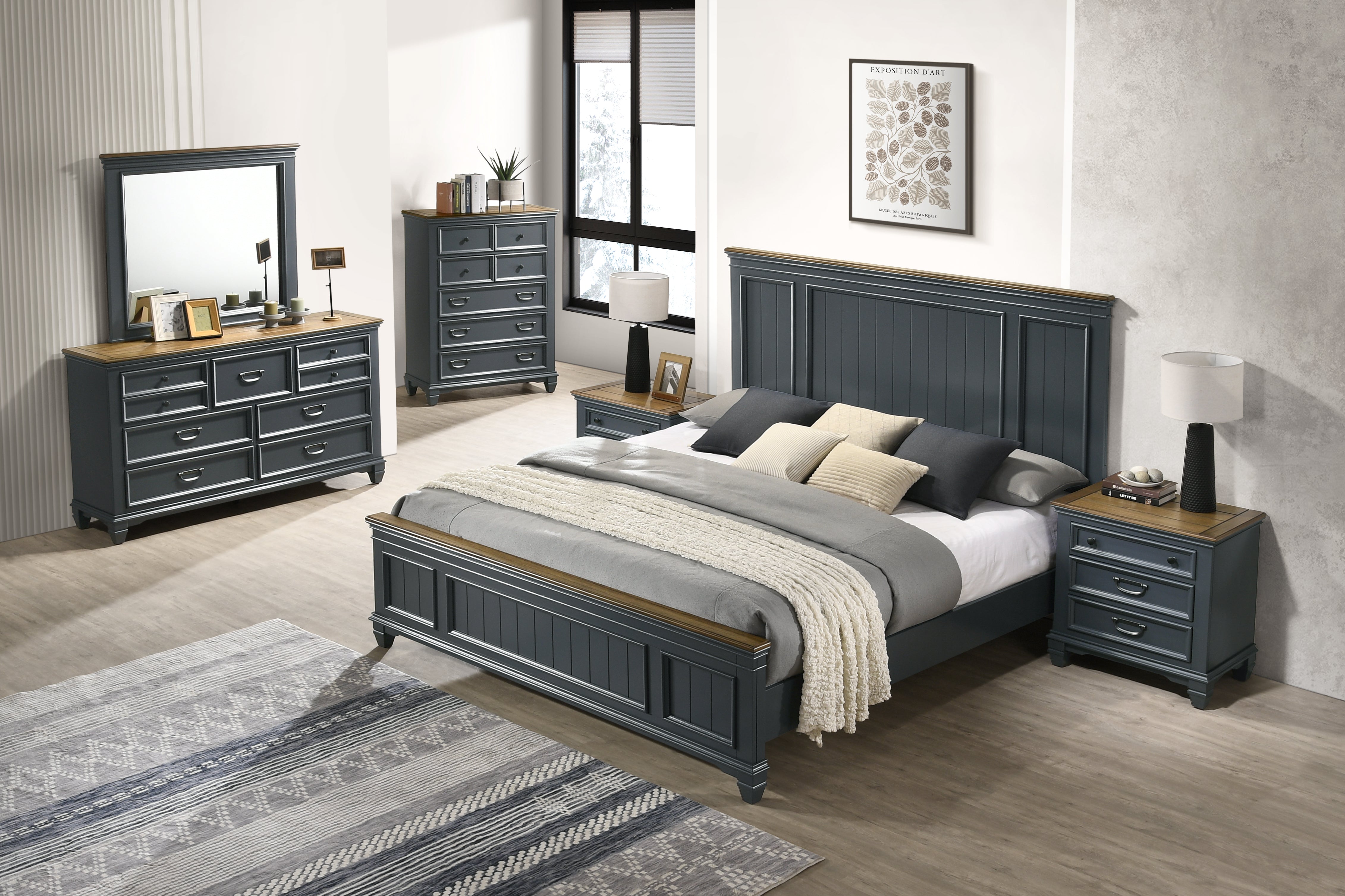 Roundhill Furniture Clelane Wood Bedroom Set with Shiplap Panel Bed - Queen Size, Slate Blue Finish - Modern Farmhouse Bedroom Decor for Master & Guest Rooms