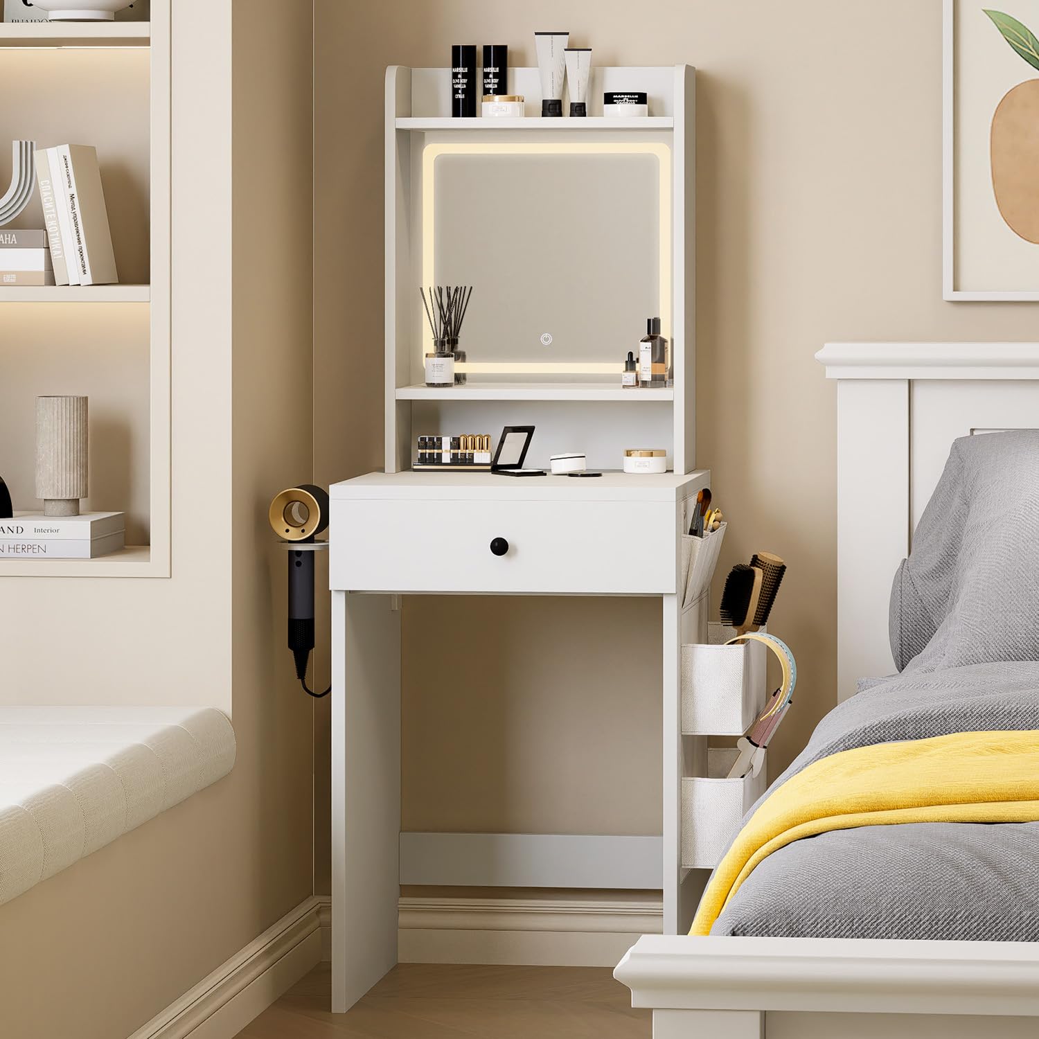 Small White Vanity Desk with 3 Adjustable LED Lighted Mirror & Power Outlet - Compact Makeup Dressing Table with Storage Side Bag for Bedroom - Perfect Mini Vanity Set for Small Spaces, Apartments & Dorm Rooms