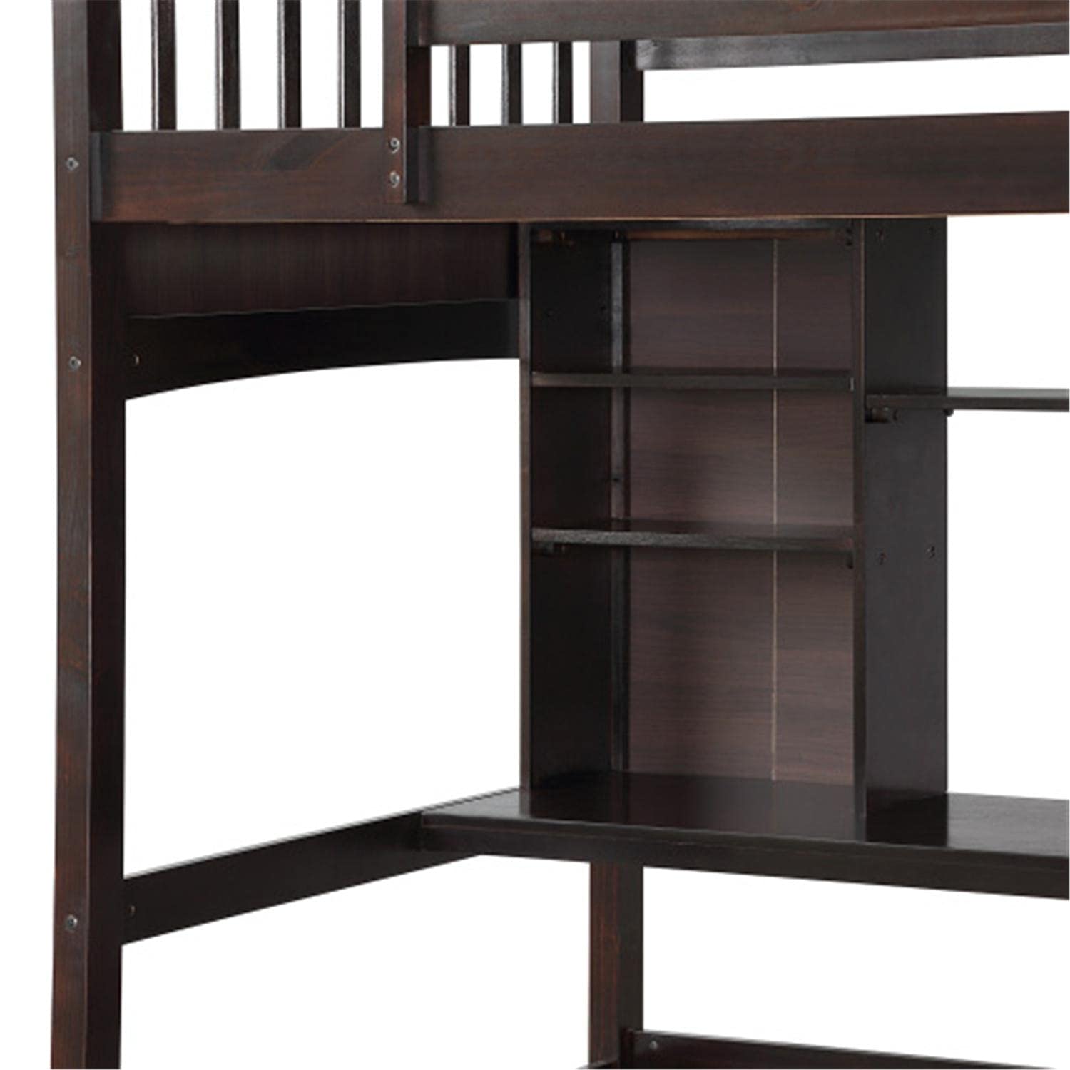Twin Size Wood Loft Bed with Built-in Desk & Storage Shelves - No Box Spring Needed - Espresso Finish - Perfect for Small Bedrooms, Dorms & Kids Rooms
