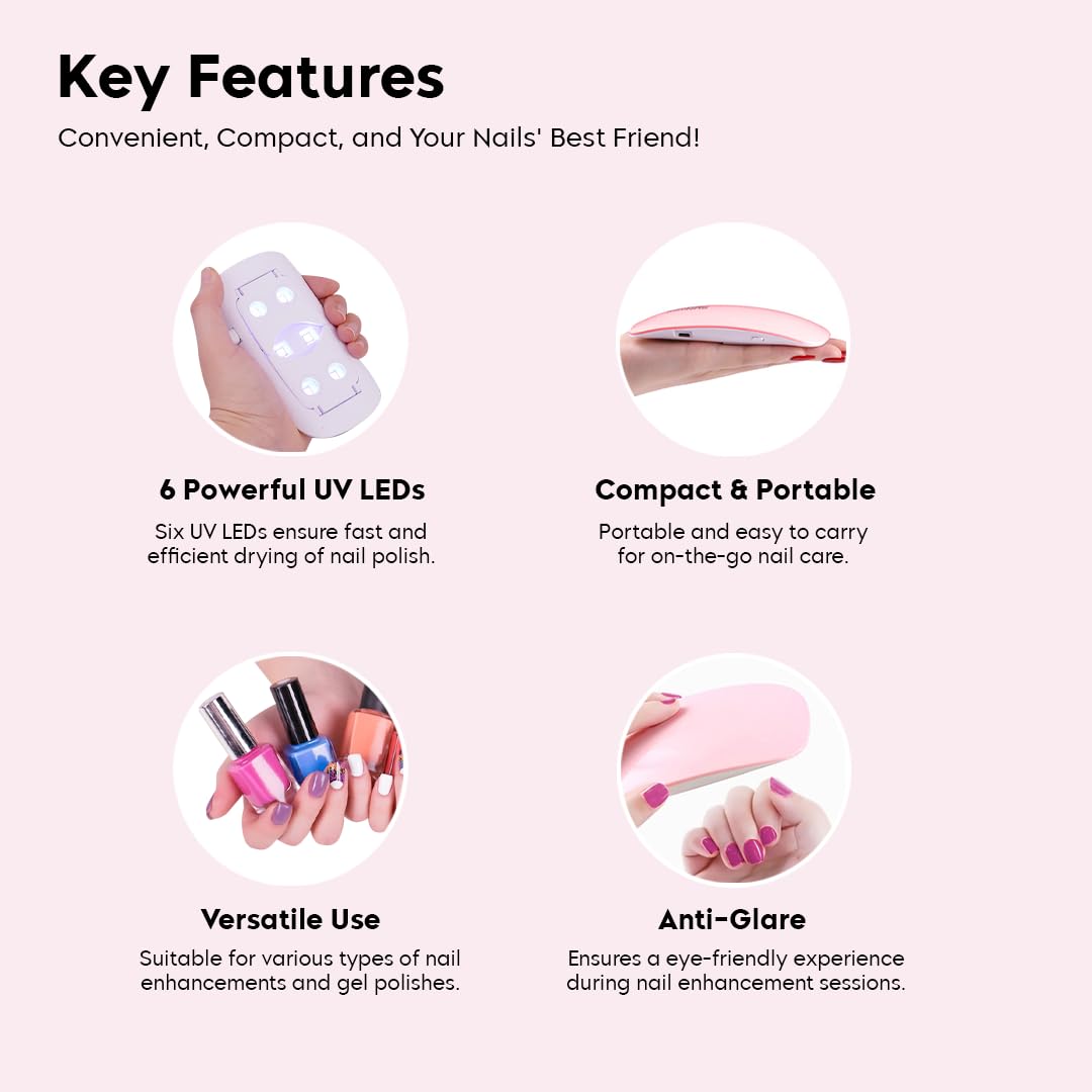 Gleva UV LED Nail Dryer - Foldable Mini Portable Nail Lamp for Quick Drying Gel Polish | Travel & Home Use | Perfect for Women & Girls | Salon Quality Curing Light (Pink) | Great for Manicures, Pedicures & Nail Art at Home or On The Go