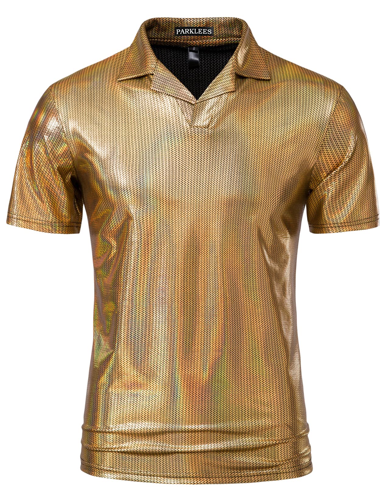 Vintage 70s Disco Party Shirt - Men's Metallic Gold Short Sleeve Polo T-Shirt for Nightclub, Retro Theme Party & Costume Events | Breathable & Stylish Casual Wear