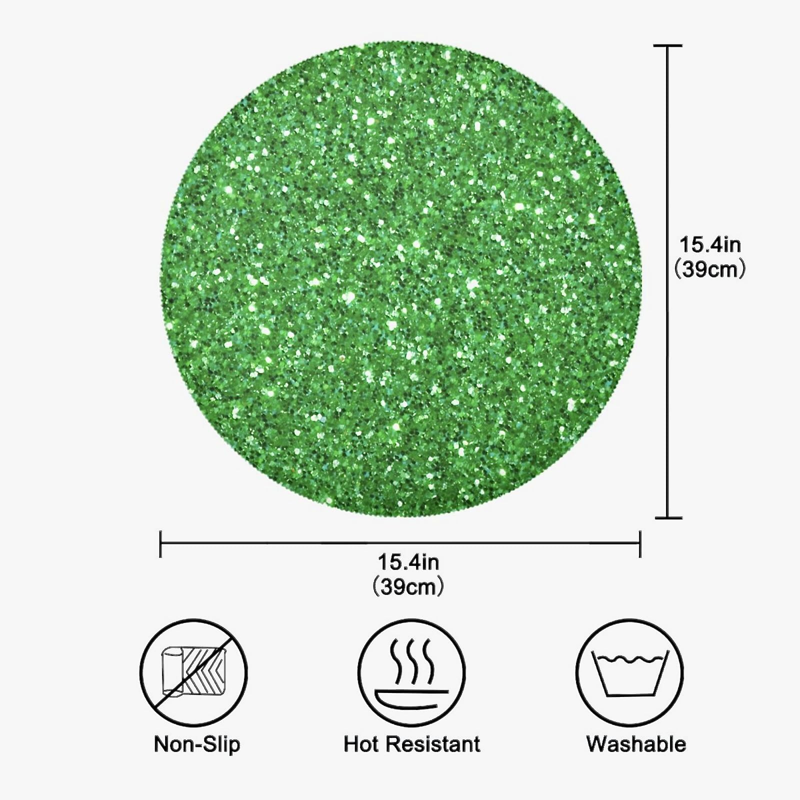 **Glitter Sparkle Round Placemats Set of 4 - 15.4 Inch Green Placemats for Kitchen Table, Kids, Christmas & Wedding Party Decor | Durable & Stylish Dining Mats**    *(Use: Perfect for festive dinners, holiday gatherings, kids' parties, and elegant wedding table settings!)*