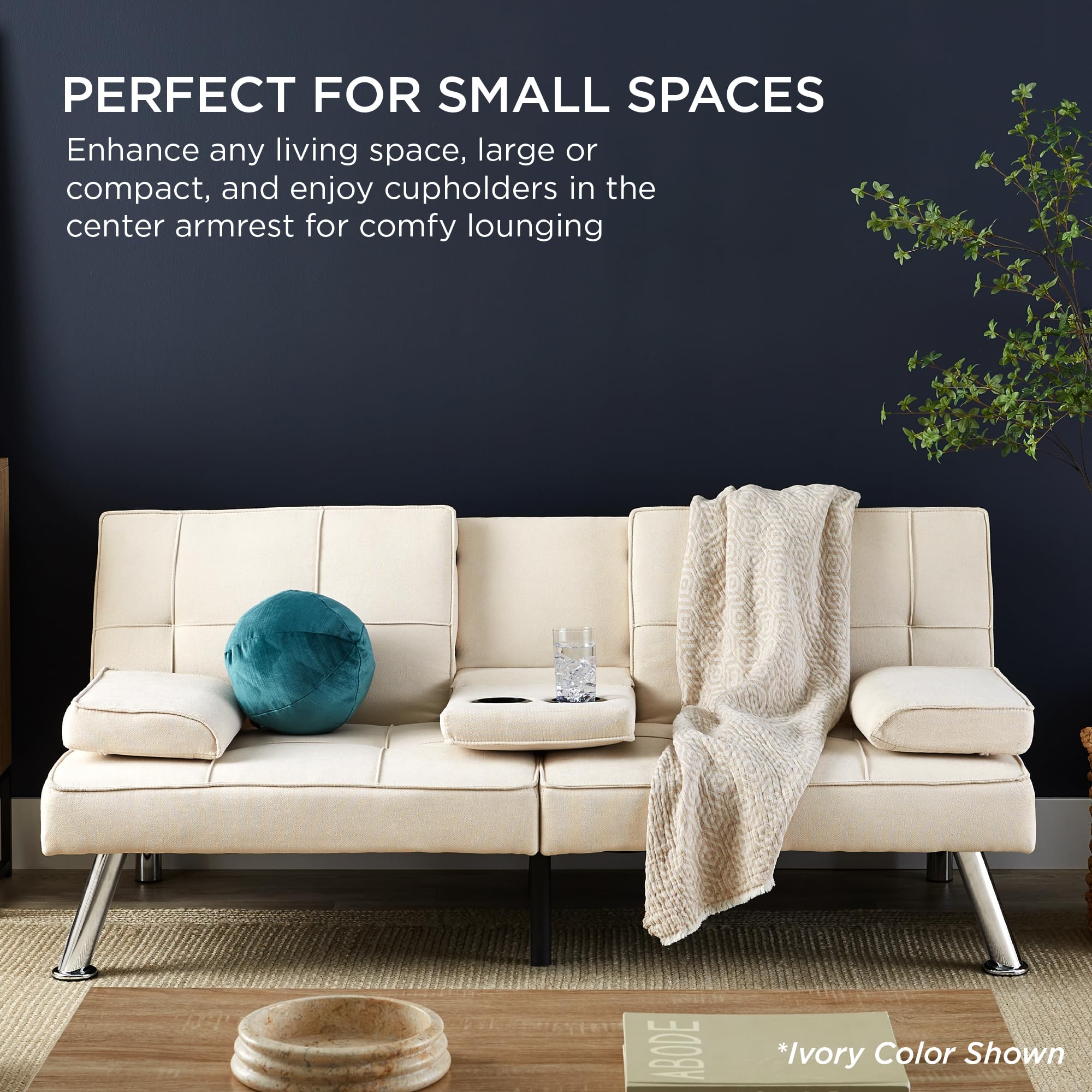 Best Choice Products Modern Folding Futon Sofa Bed - Convertible Linen Recliner with Removable Armrests & 2 Cup Holders - Space Saving Sleeper for Small Apartments, Dorms, Guest Rooms - Aqua Blue