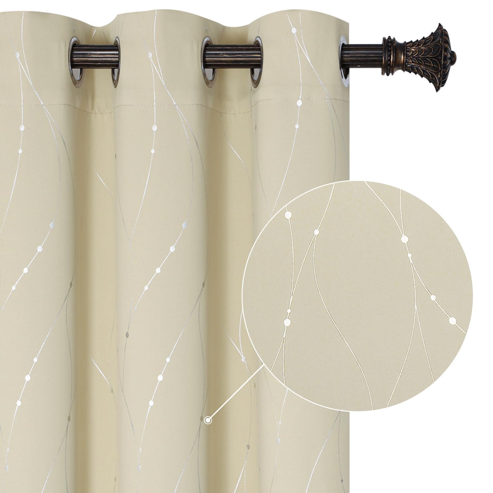 BUHUA Beige Blackout Curtains 84 Inch Length - Thermal Insulated Drapes with Silver Foil Print for Bedroom, 38 x 84 Inches, Set of 2 Panels - Perfect for Light Blocking, Privacy & Energy Efficiency in Living Room or Nursery