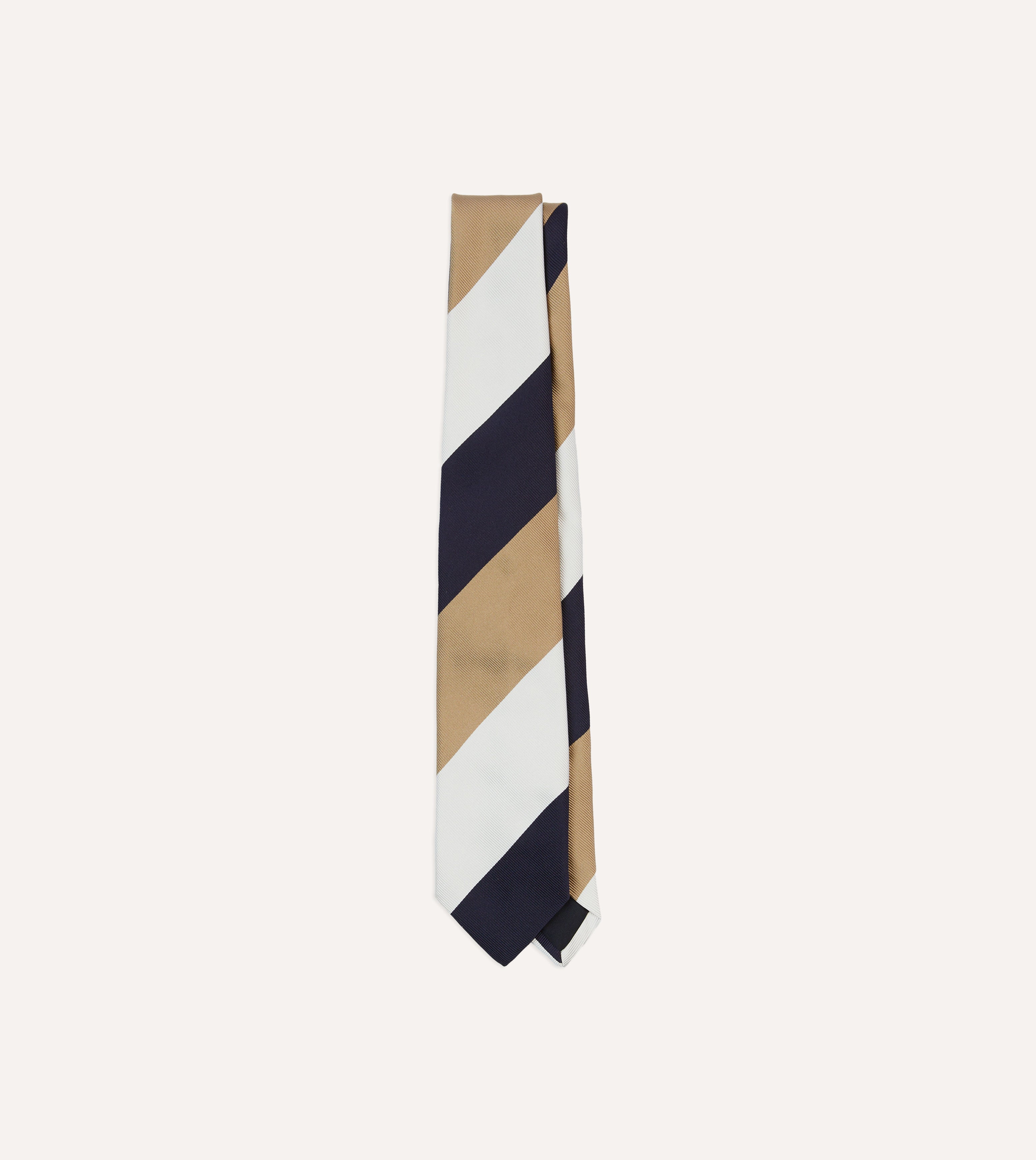 Premium Repp Silk Tipped Necktie - Classic Wide Stripe Design in White, Navy & Brown | Perfect for Business Meetings, Weddings & Formal Occasions