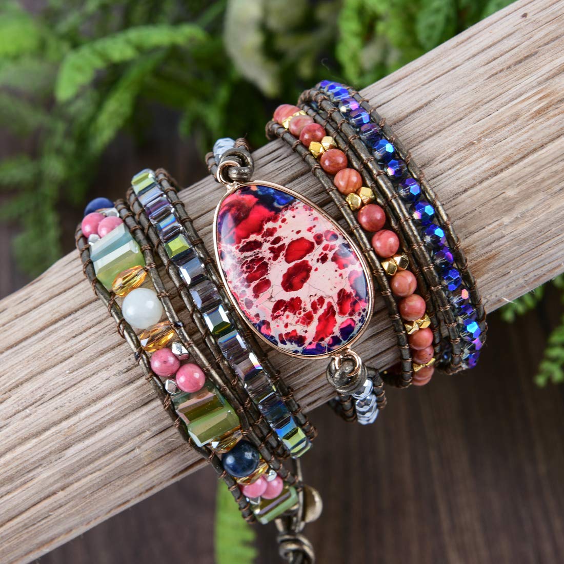YGLINE Adjustable 5-Wrap Multilayer Genuine Leather Boho Beaded Bracelet for Women - Handmade Natural Stone Bohemian Wrap Bracelet | Perfect for Festival, Beach, Yoga & Everyday Boho Chic Style