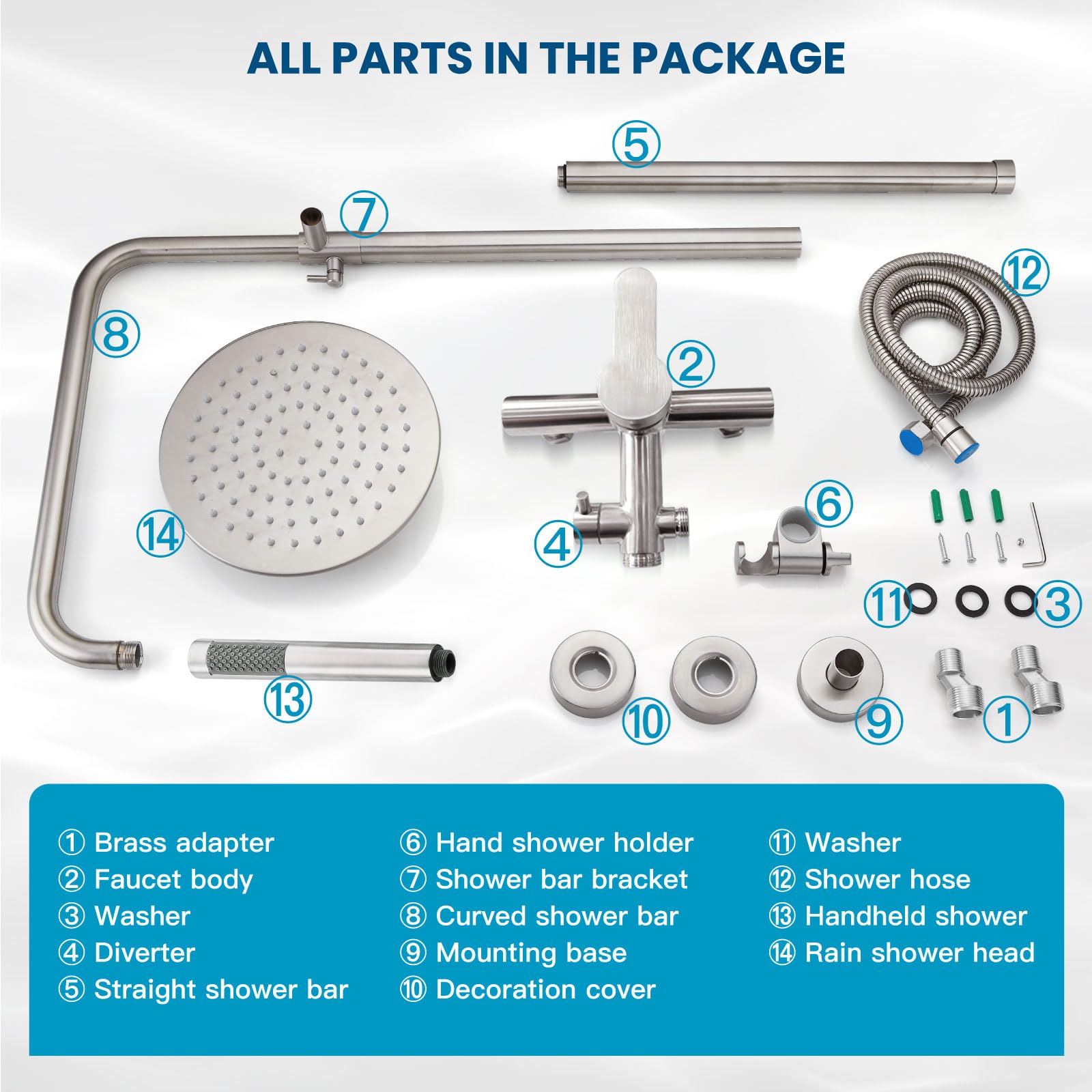 Gotonovo Outdoor Shower Faucet Set - SUS304 Stainless Steel Rainfall Shower Head with High Pressure Hand Spray, 2-Function Wall Mount System in Brushed Nickel (8 Inch) - Perfect for Patio, Poolside, and Garden Use