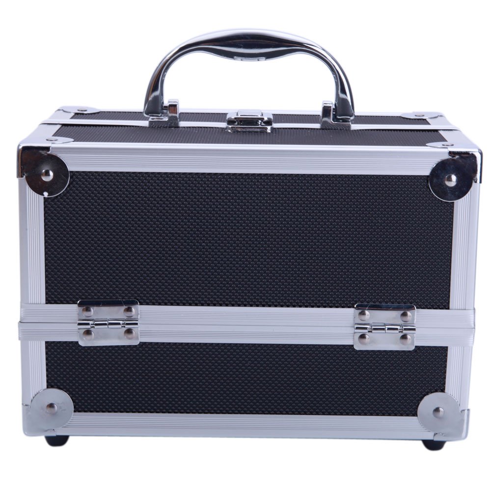 Professional Aluminum Makeup Train Case - Portable Cosmetic Organizer with 2 Trays & Mirror for Makeup Brushes, Jewelry, Toiletries & Digital Accessories (Black) | Perfect for Travel, Salon Professionals & Home Storage