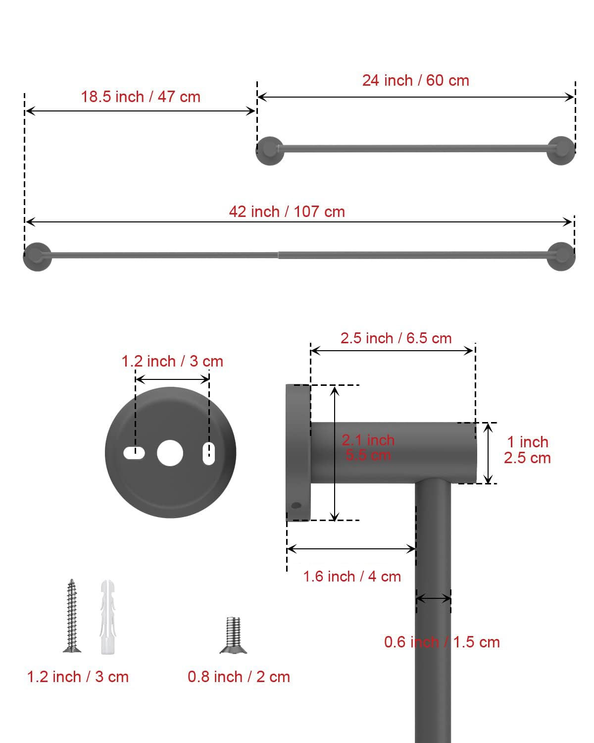Adjustable Single Bath Towel Bar 23.6 to 42 Inch - ZUEXT Iron Gray Stainless Steel Expandable Towel Holder - Wall Mounted Towel Rail for Bathroom, Kitchen, Washroom - 1