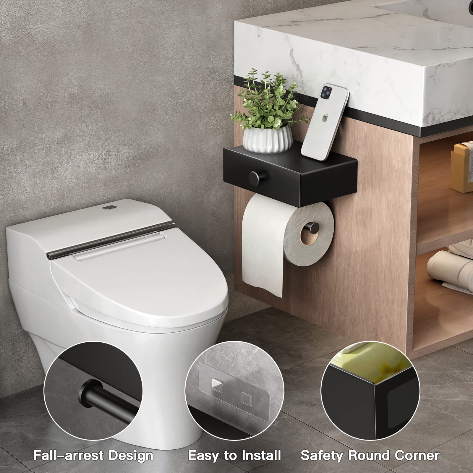 VOLDRA Black Wall Mount Toilet Paper Holder with Shelf & Wipes Dispenser - Space Saving Bathroom Storage Organizer with Upgrade Drawer Design, Adhesive Mount for Small Bathrooms (Perfect for Compact Bathrooms, RVs & Apartments)