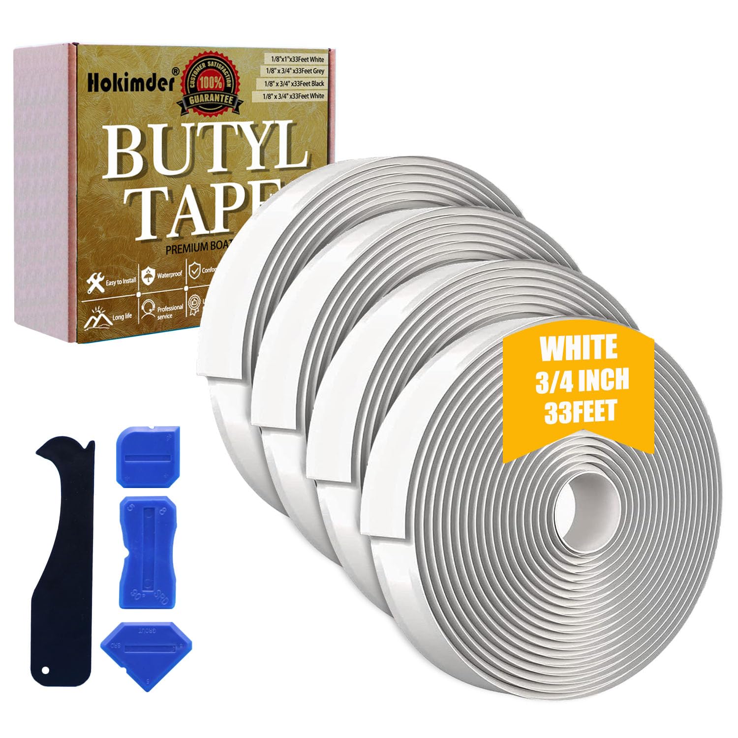 4 Packs Butyl Tape Bulk - 3/4 Inch x 33 Ft White Butyl Sealant Tape for RV Windows, Roof & EPDM Rubber - Waterproof Butyl Rubber Caulk Tape with Tools Included - Perfect for RV Repairs, Roof Sealing & Waterproofing Projects