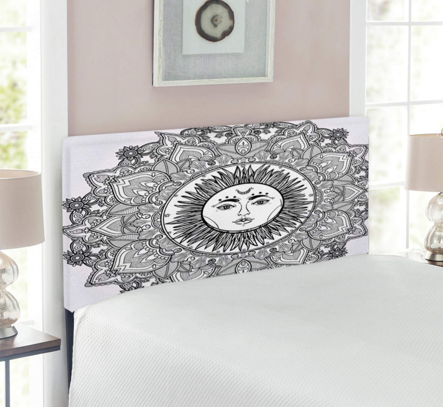 Ambesonne Mandala Headboard - Sun Yantra Floral Bohemian Pattern Upholstered Metal Bed Headboard with Memory Foam, Twin Size in White & Black | Perfect for Bohemian & Eclectic Bedroom Decor