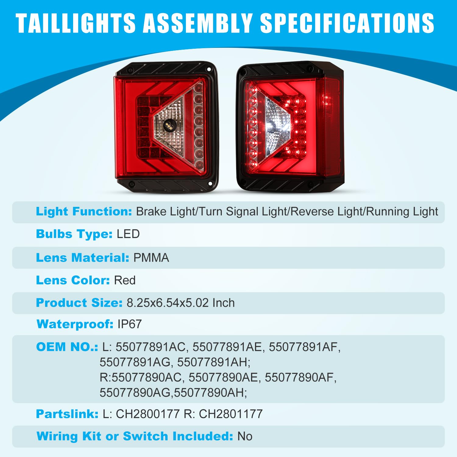 CPW LED Tail Lights Assembly for 2007-2018 Jeep Wrangler JK & JKU (2/4 Door) - Red Lens Brake Lamp with DRL, Turn Signal & Reverse Light - Perfect for Off-Roading & Night Driving (1 Pair)