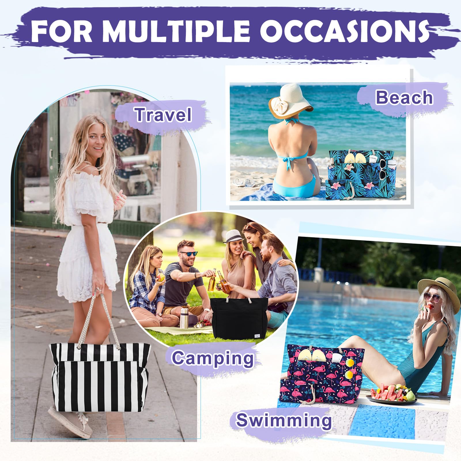 Kasqo Large Waterproof Beach Tote Bag for Women with Zipper & Small Pouch - Perfect for Swimming, Pool, Grocery Shopping, Travel & Vacation Essentials
