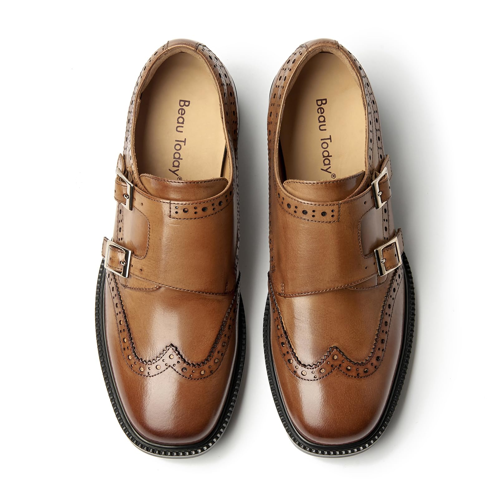 BEAU TODAY Women's Leather Loafers - Monk Strap Brogue Square Toe Flats for Business & Casual Wear | Comfortable Vintage Dress Shoes for Office, Travel & Everyday Outfits