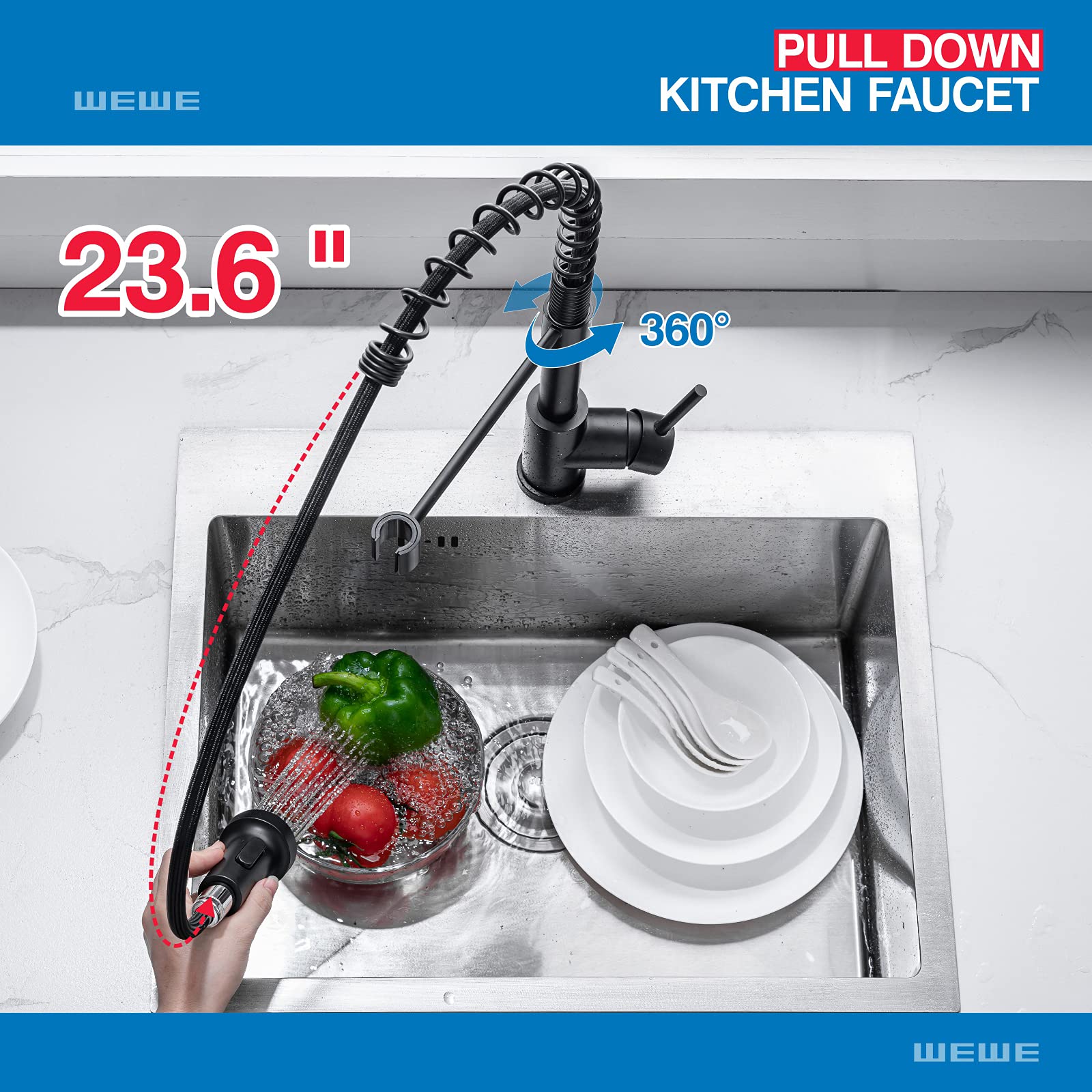 Black Stainless Steel Commercial Kitchen Faucet with Pull Down Sprayer - 1 or 3 Hole Installation for RV, Farmhouse, Outdoor, Camper & Bar Sinks | Durable Spring Design for High-Traffic Kitchens