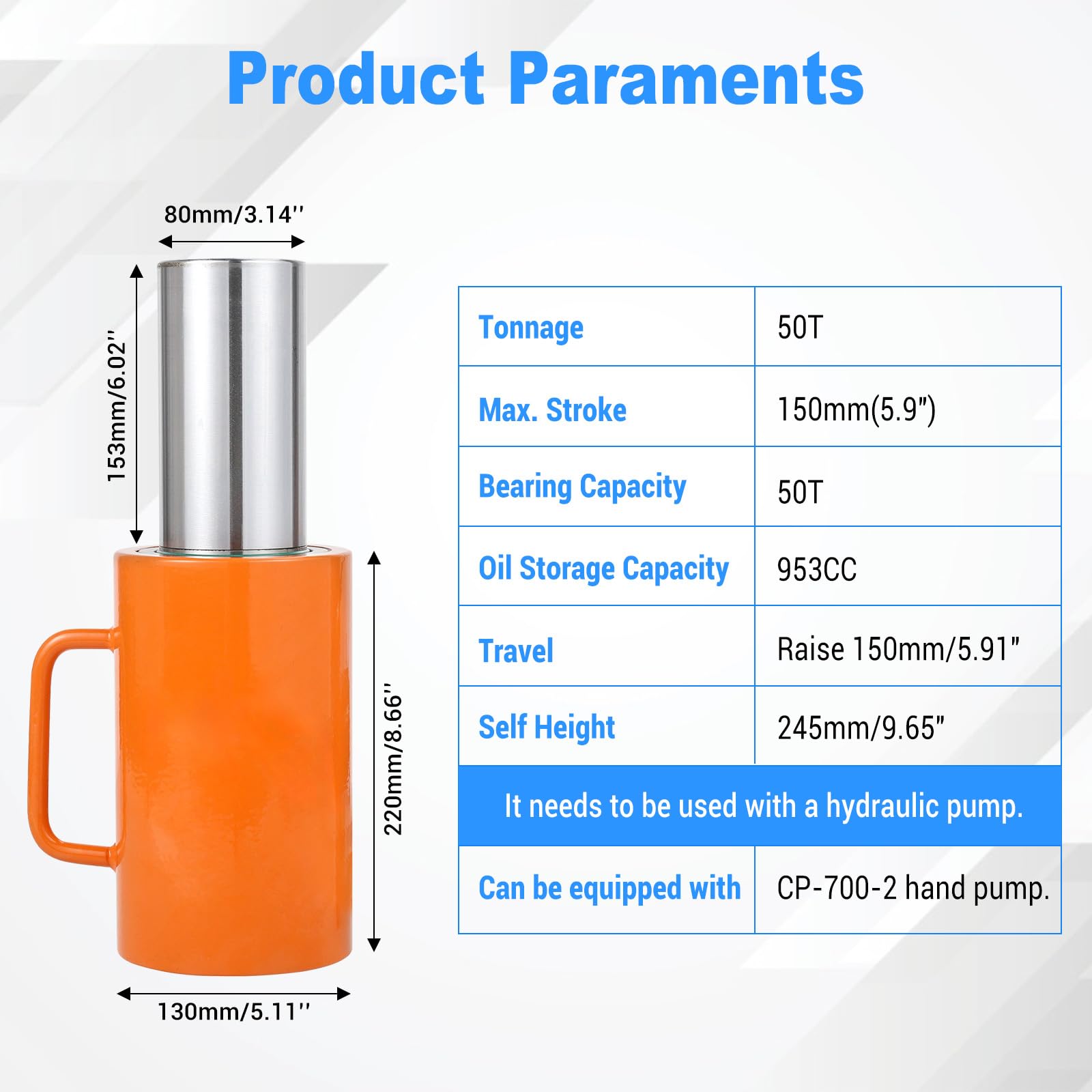 50T 6-Inch Hydraulic Cylinder Jack - 150mm Stroke Hydraulic Lifting Cylinder with 953CC Oil Capacity - Heavy Duty Hydraulic Ram for Power, Chemical, Steel, Bridge Construction, Shipbuilding & Machinery - Ideal for Industrial Lifting, Equipment Repair & Construction Projects