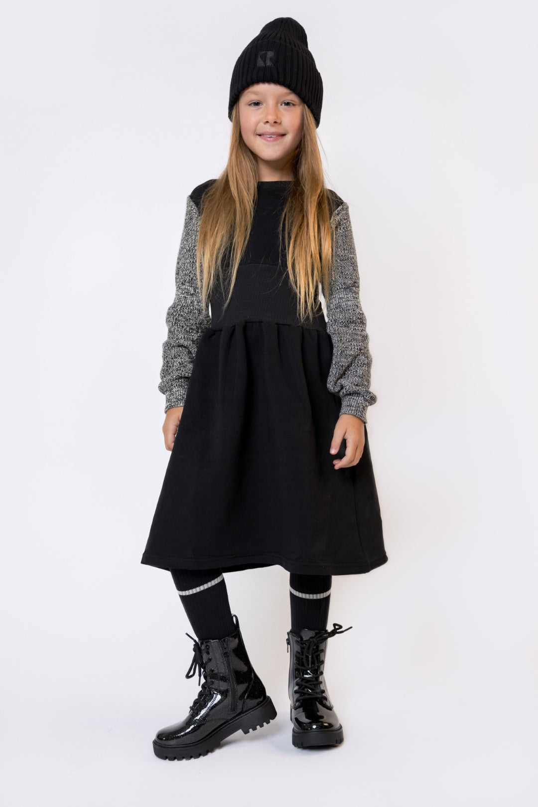 Retro Kid Scuba Knit Twirl Dress for Girls - Black & Cream | Vintage Style Swing Dress for Parties, Photo Shoots & Special Occasions