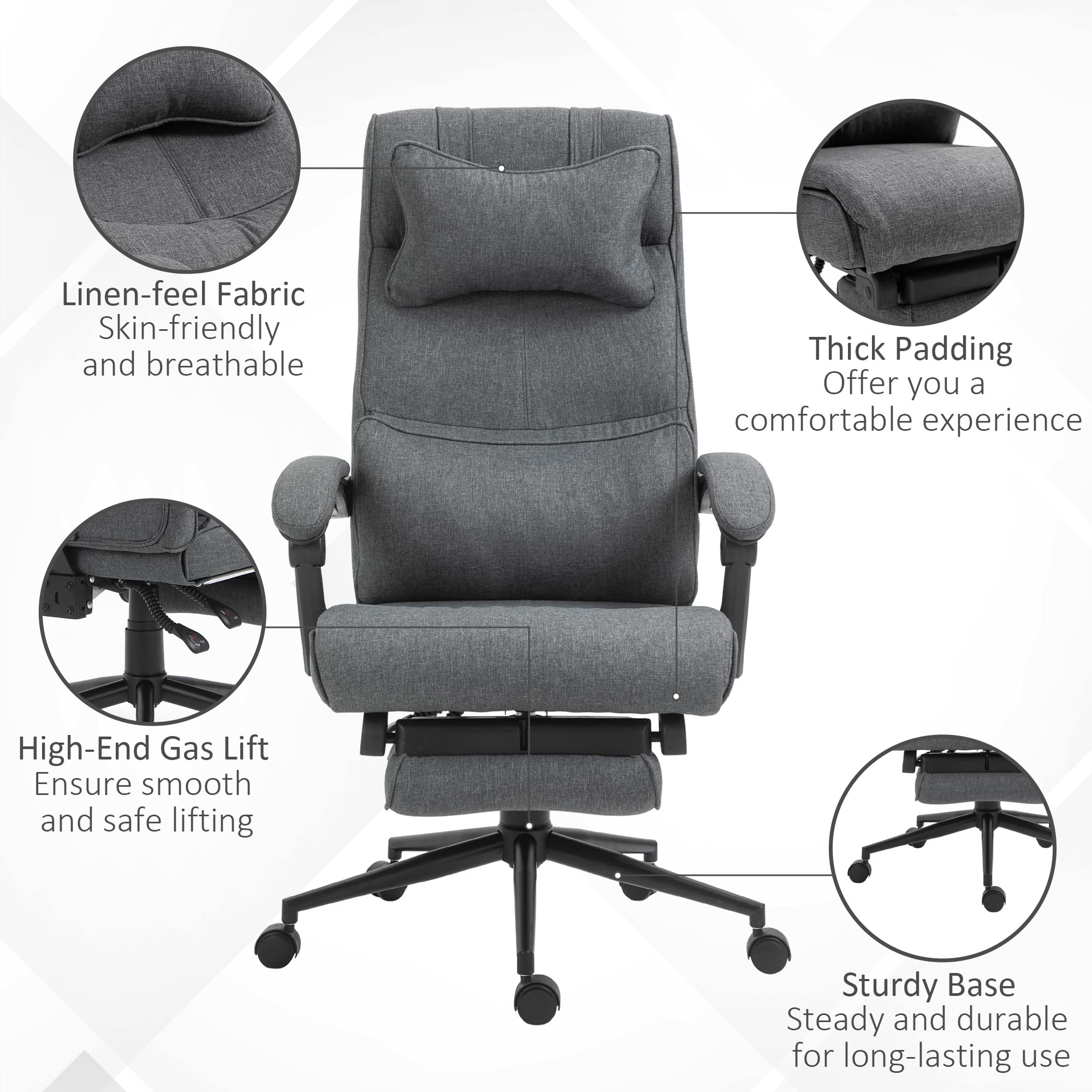 Vinsetto High Back Executive Office Chair with Footrest - Adjustable Reclining Computer Desk Chair, Ergonomic Fabric Chair with Headrest & Lumbar Support (Gray) - Perfect for Home Office, Gaming, and Workspace Comfort