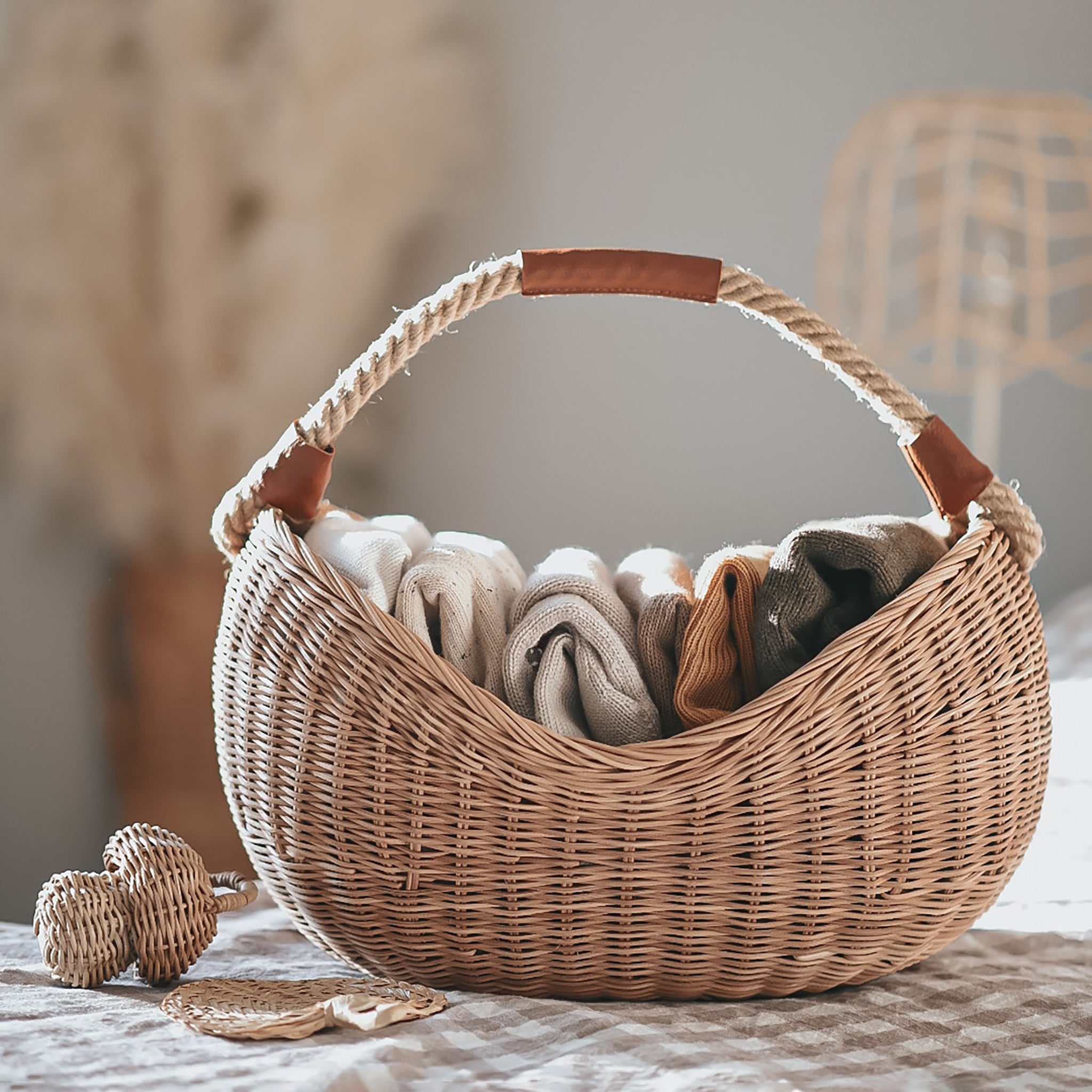 Natural Rattan Half Moon Basket - Handwoven Storage Organizer for Home Decor, Nursery, or Bathroom | Perfect for Blankets, Toys, and Essentials