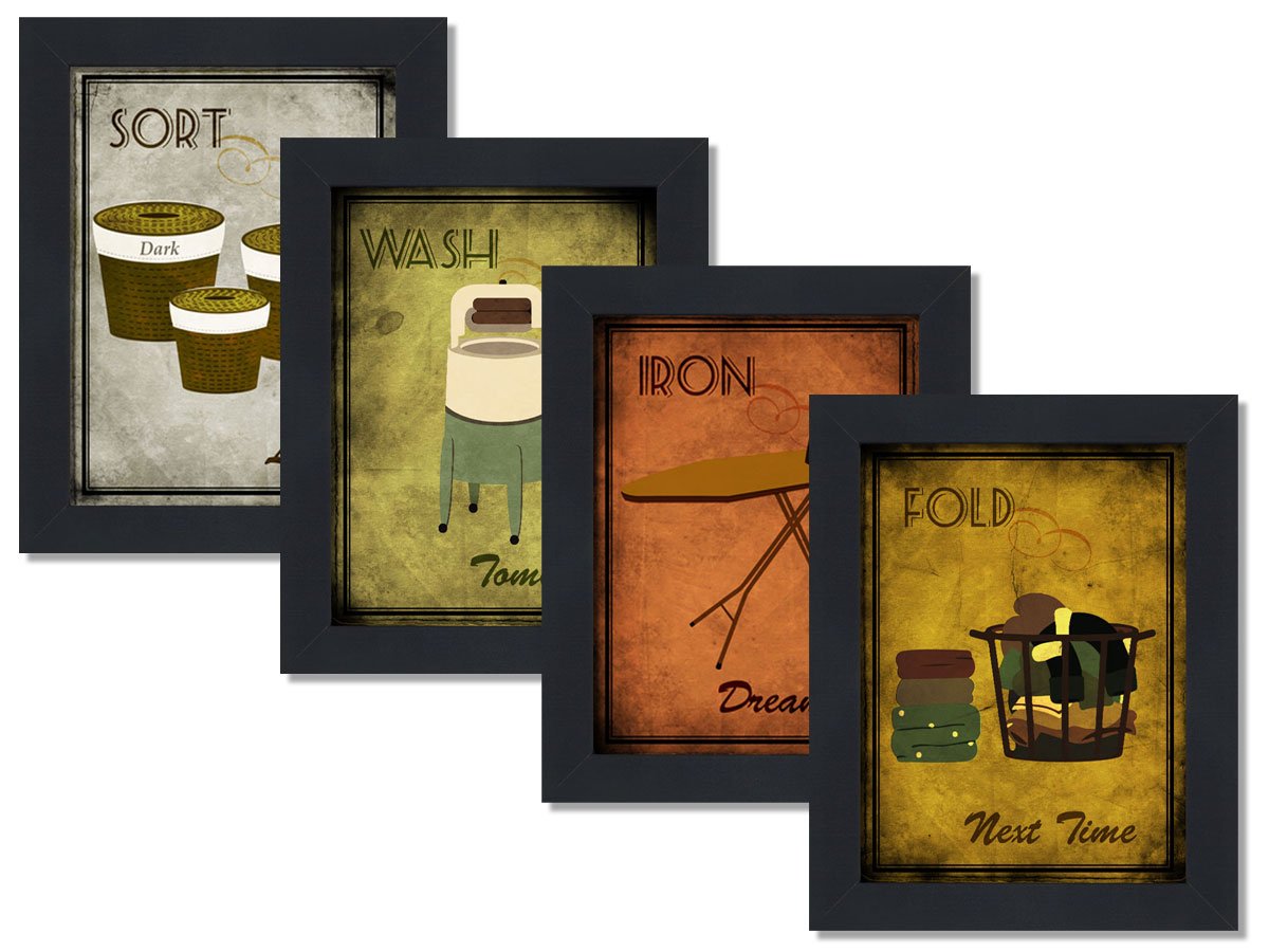 Vintage Wall Posters - Set of 4 Framed Decorative Prints for Laundry Room, Bedroom & Home Decor | Perfect for Housewarming Gifts & Interior Design