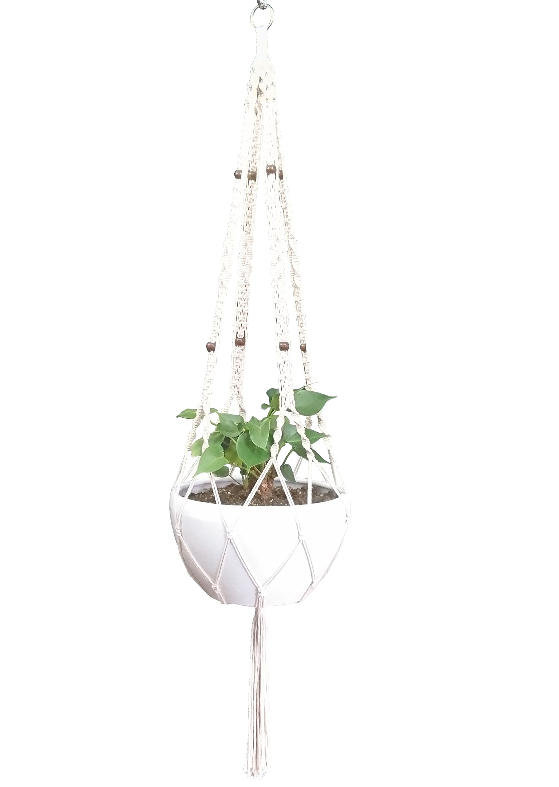 Macrame Plant Hanger - 4 Legs 59 Inch Hanging Planter for 12-13 Inch Pots (Cream Cotton) - Boho Home Decor for Indoor Plants, Living Room, Bedroom & Patio