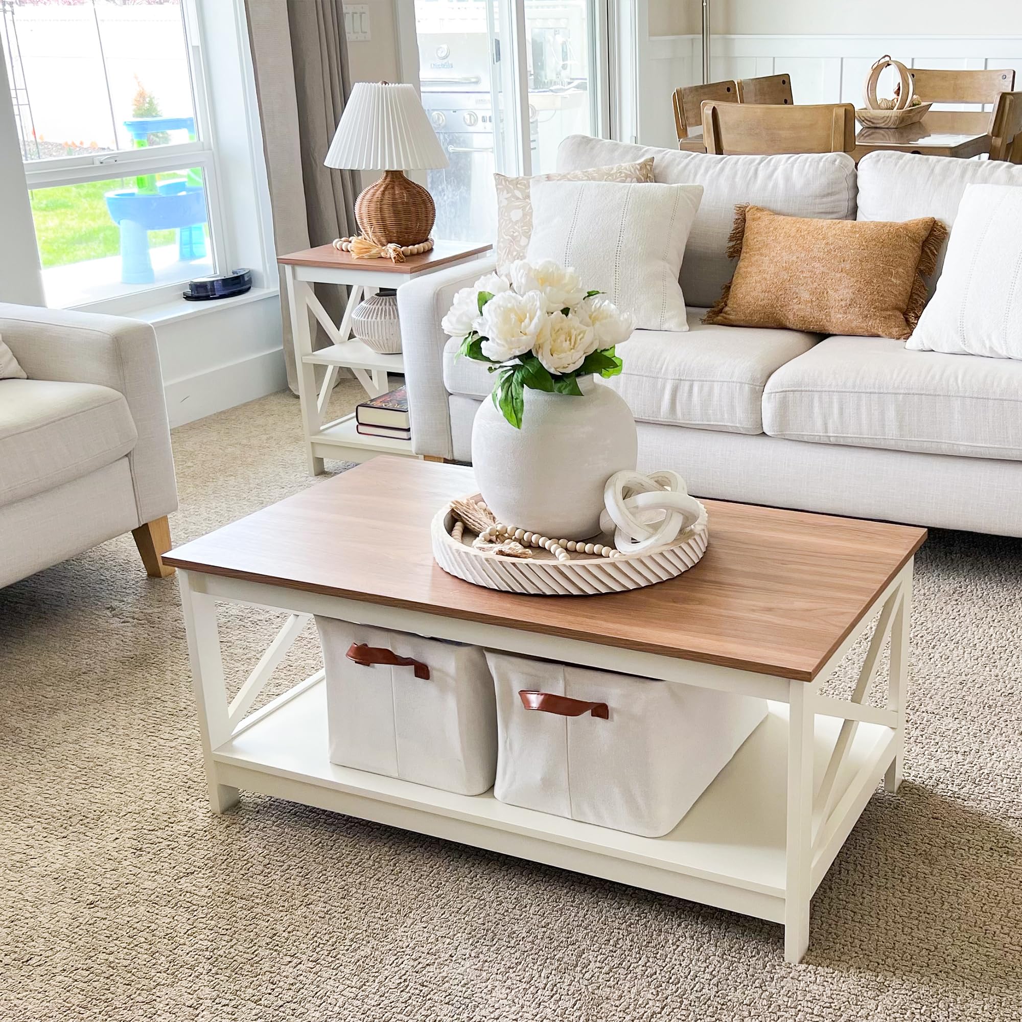 Modern Coffee Table with Storage - 2-Tier Farmhouse Style Living Room Table, PHI VILLA Rustic Wooden Coffee Table for Small Spaces | Perfect for Home Decor, Family Gatherings & Coffee Time