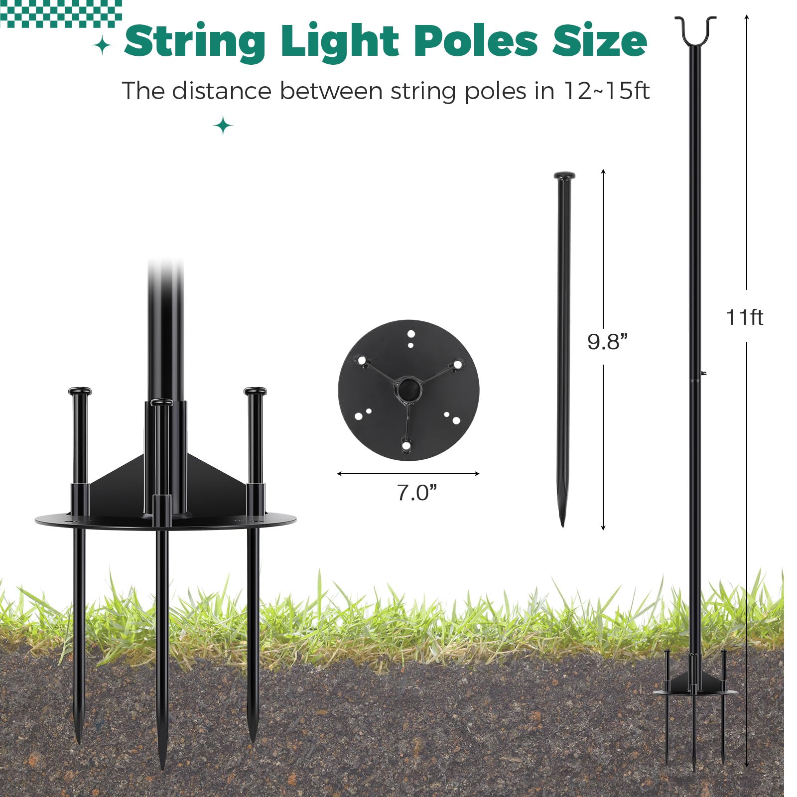 11FT Heavy-Duty Outdoor String Light Pole Stand - 4-in-1 Adjustable Hanging System for Patio, Garden, Bistro, Wedding & Backyard Decor | Perfect for Parties, Deck Lighting & Outdoor Entertaining