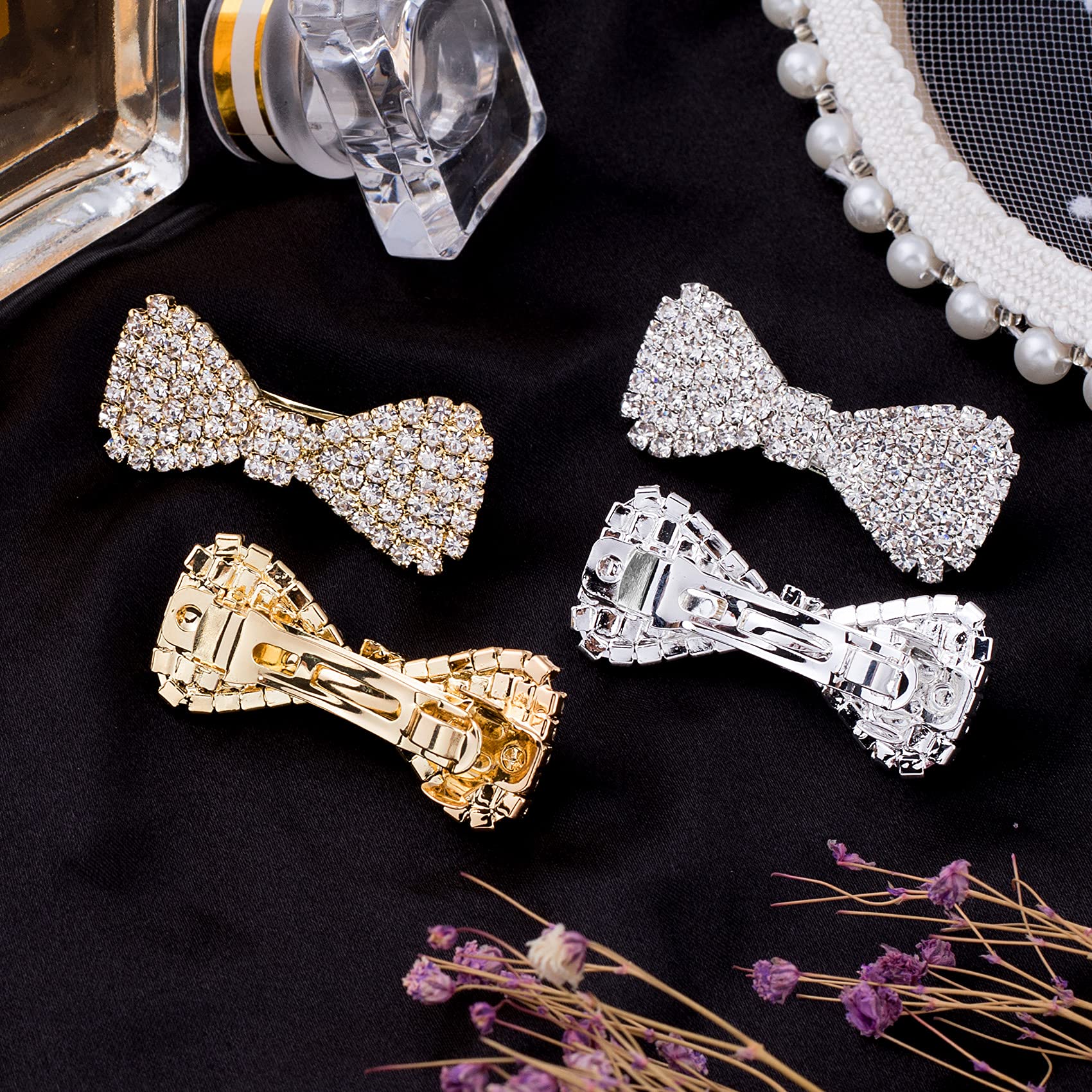 ANCIRS 4 Pack Rhinestone Crystal Hair Clips - Fashionable Clear Hair Bow Barrettes for Women & Girls (2 Gold + 2 Silver) - Perfect for Weddings, Parties & Daily Styling