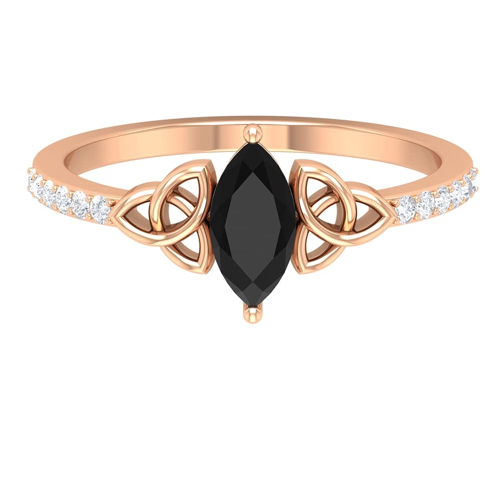 14K Solid Gold Black Onyx Solitaire Ring with Diamond Accents - Elegant Marquise Cut Celtic Ring for Women | Perfect for Weddings, Anniversaries & Special Occasions