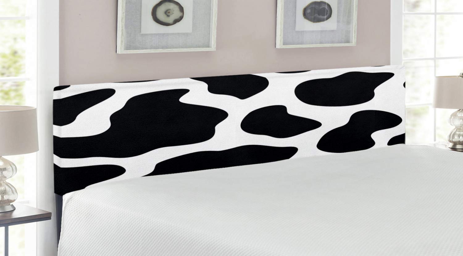 Ambesonne Cow Print Upholstered Headboard - King Size Black & White Animal Hide Design with Memory Foam | Modern Farmhouse Bedroom Decor for Master & Guest Rooms