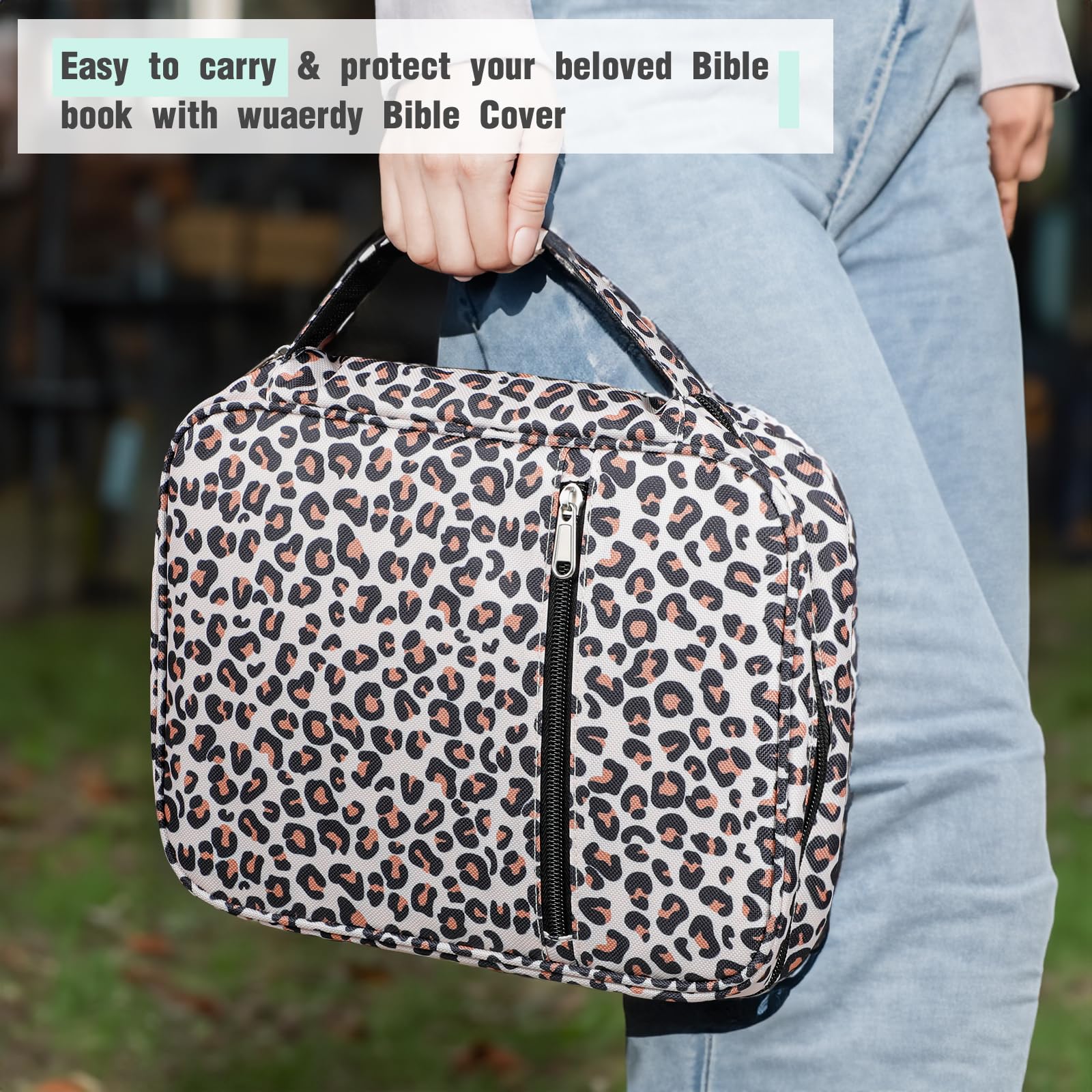 Bible Cover with Handle and Zippered Pocket - Durable Protective Book Case for Bible with 200 PCs Bible Tabs - Leopard Print Design for Men, Women, Mothers, and Girls - Perfect for Church, Travel, and Daily Bible Study