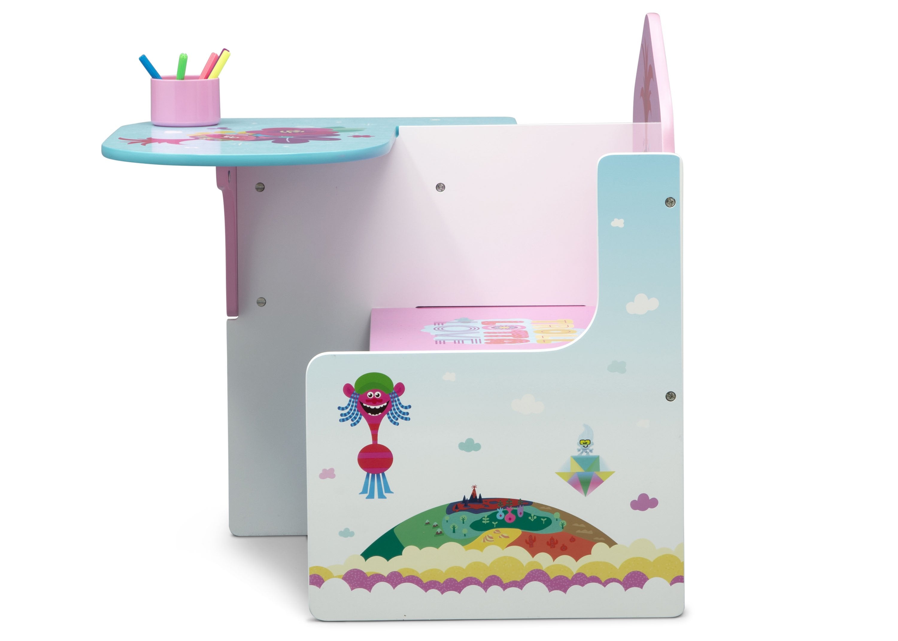 Trolls World Tour Kids Chair with Storage Desk - Portable Study Table for Children's Room, Playroom, and Classroom - Perfect for Reading, Drawing, and Homework