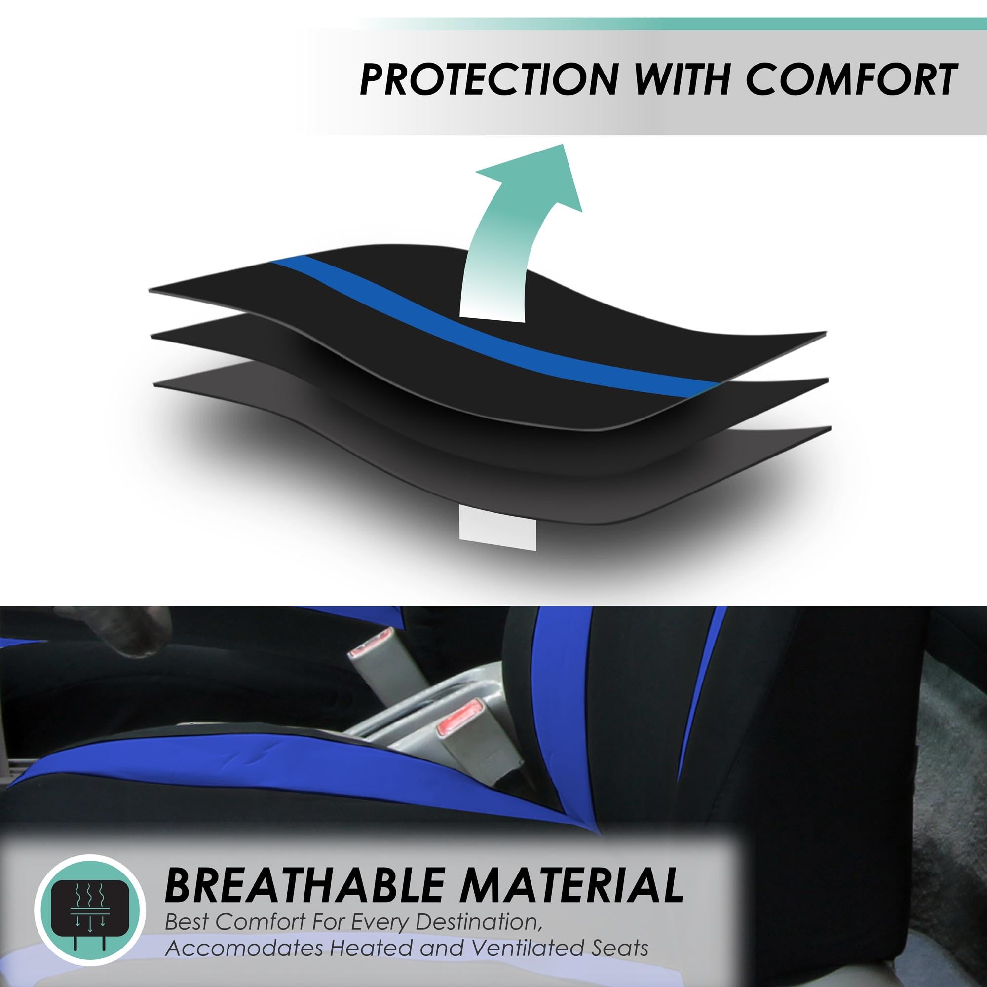 Premium FH Group Car Seat Covers Set - Universal Fit for Cars, Trucks & Vans | Blue Cosmopolitan Flat Cloth Design with Steering Wheel Cover & Seat Belt Pads | Airbag Compatible & Split Rear Design | Perfect for Daily Commute, Road Trips & Family Travel