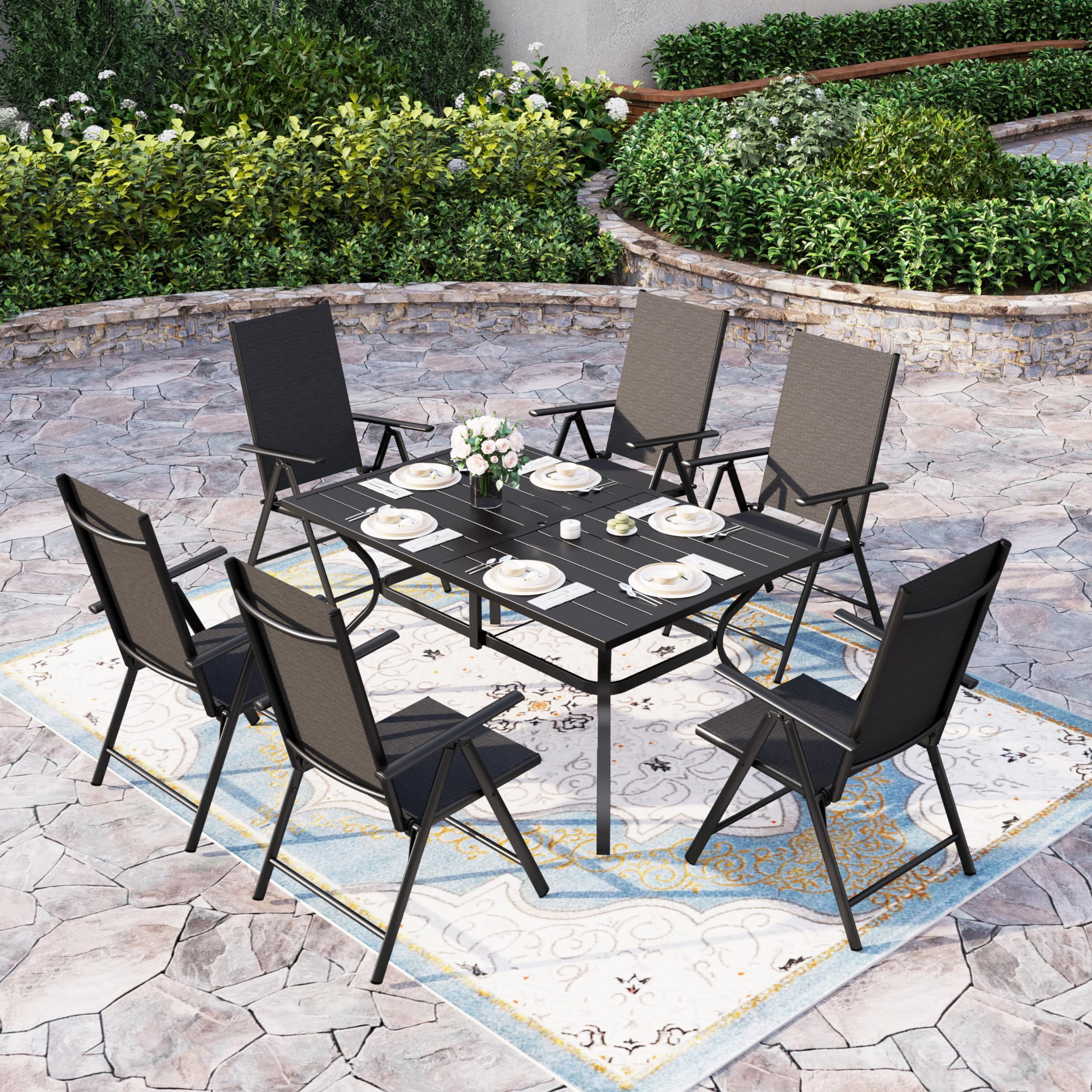 7-Piece Outdoor Patio Dining Set with 6 Foldable Textilene Chairs & Adjustable Umbrella Hole - Perfect for Backyard BBQs, Poolside Lounging & Garden Entertaining | Blue Sophia & William Furniture