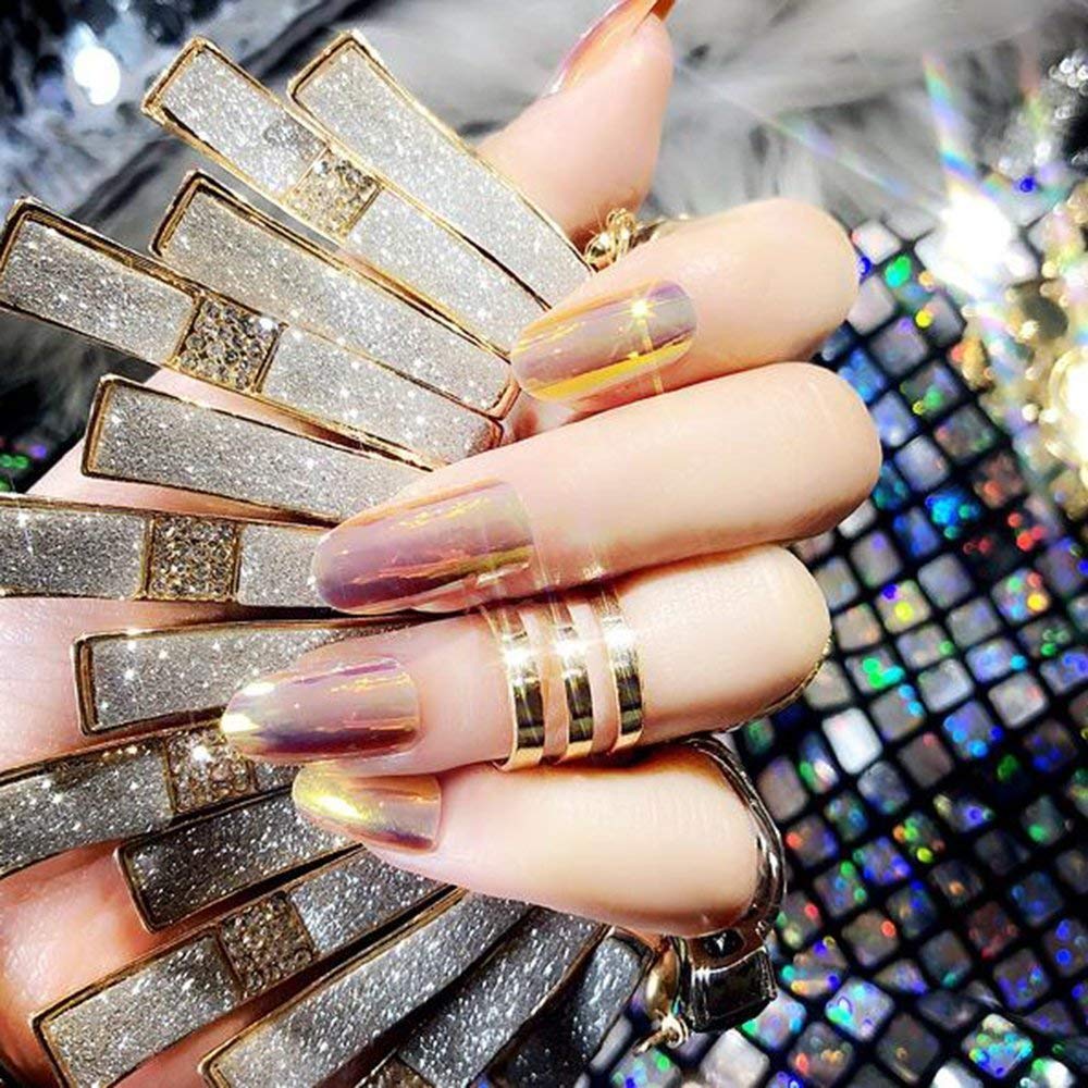 24pcs Shimmering Metal Mirror False Nail Tips - Long Stiletto Glitter Artificial Nails with Adhesive Tabs | Reflective Chrome Nail Extensions for Women & Girls | Perfect for Parties, Weddings & Special Occasions
