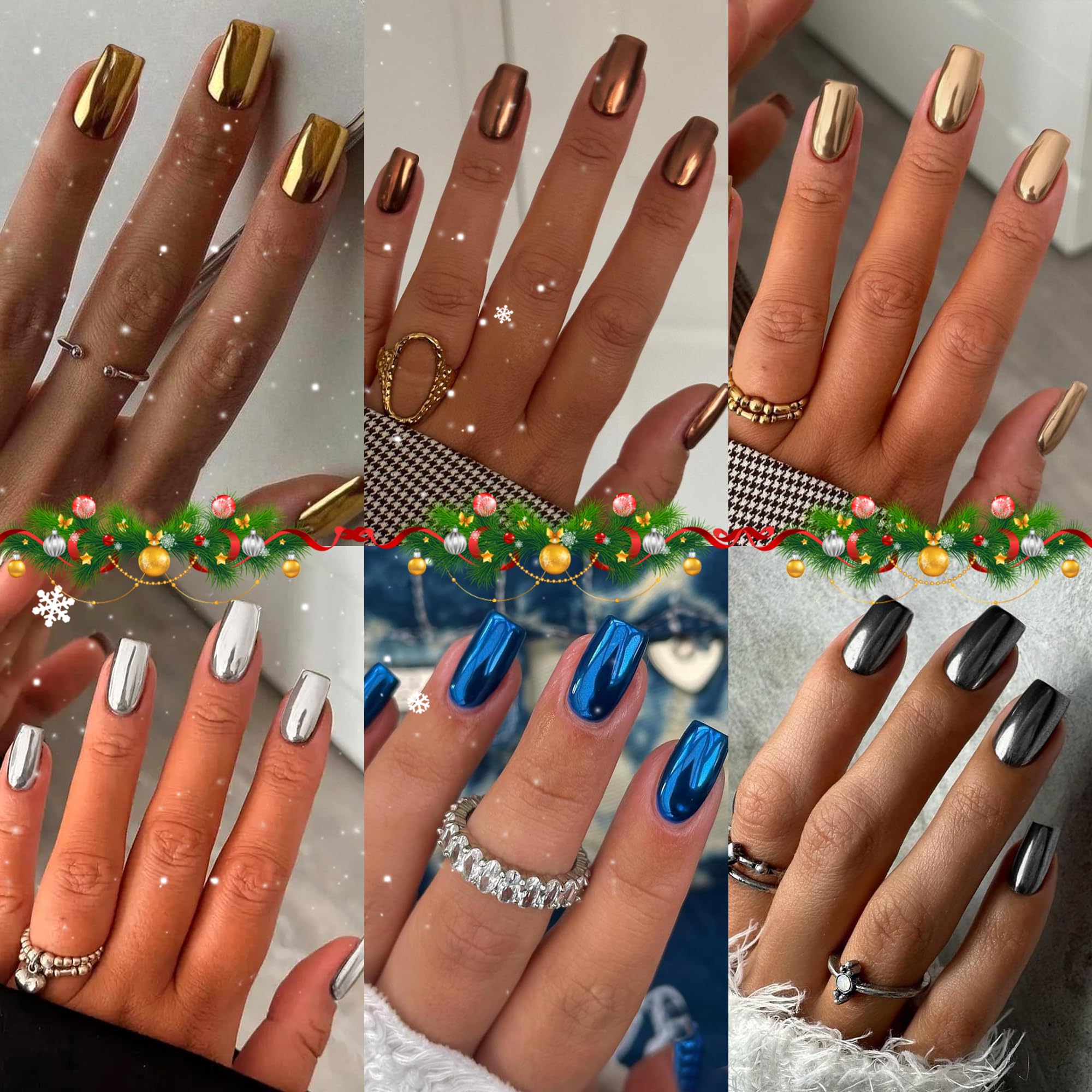 6 Packs Chrome Press On Nails Short & Medium - KQueenest Acrylic Fake Nails Square Shape with Metallic Glitter - 144 Pcs Stick On Nails for Women - Perfect for Parties, Weddings & Special Occasions