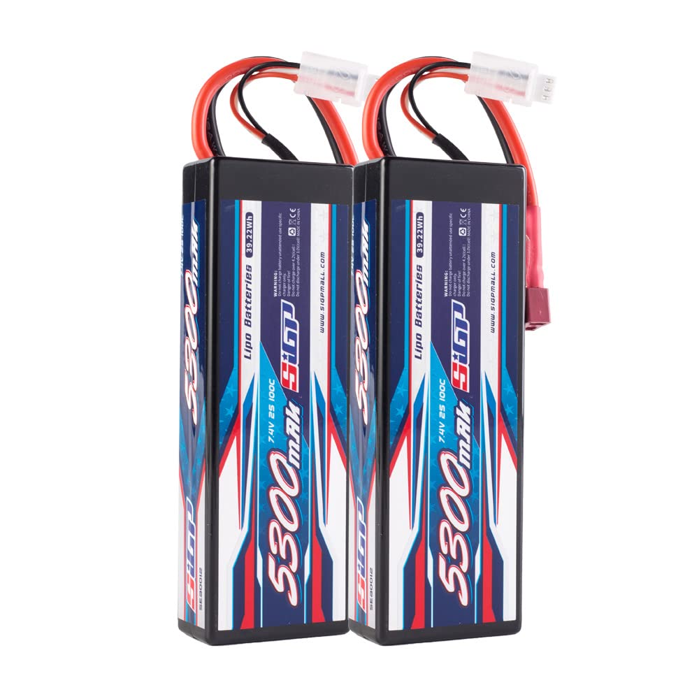 2S Lipo Battery 7.4V 5300mAh 100C Hard Case with Deans T Plug - High Performance RC Battery for Car, Truck, Boat, Tank, Buggy Racing - 2 Pack - Perfect for Hobbyists and Competitive Racing Enthusiasts
