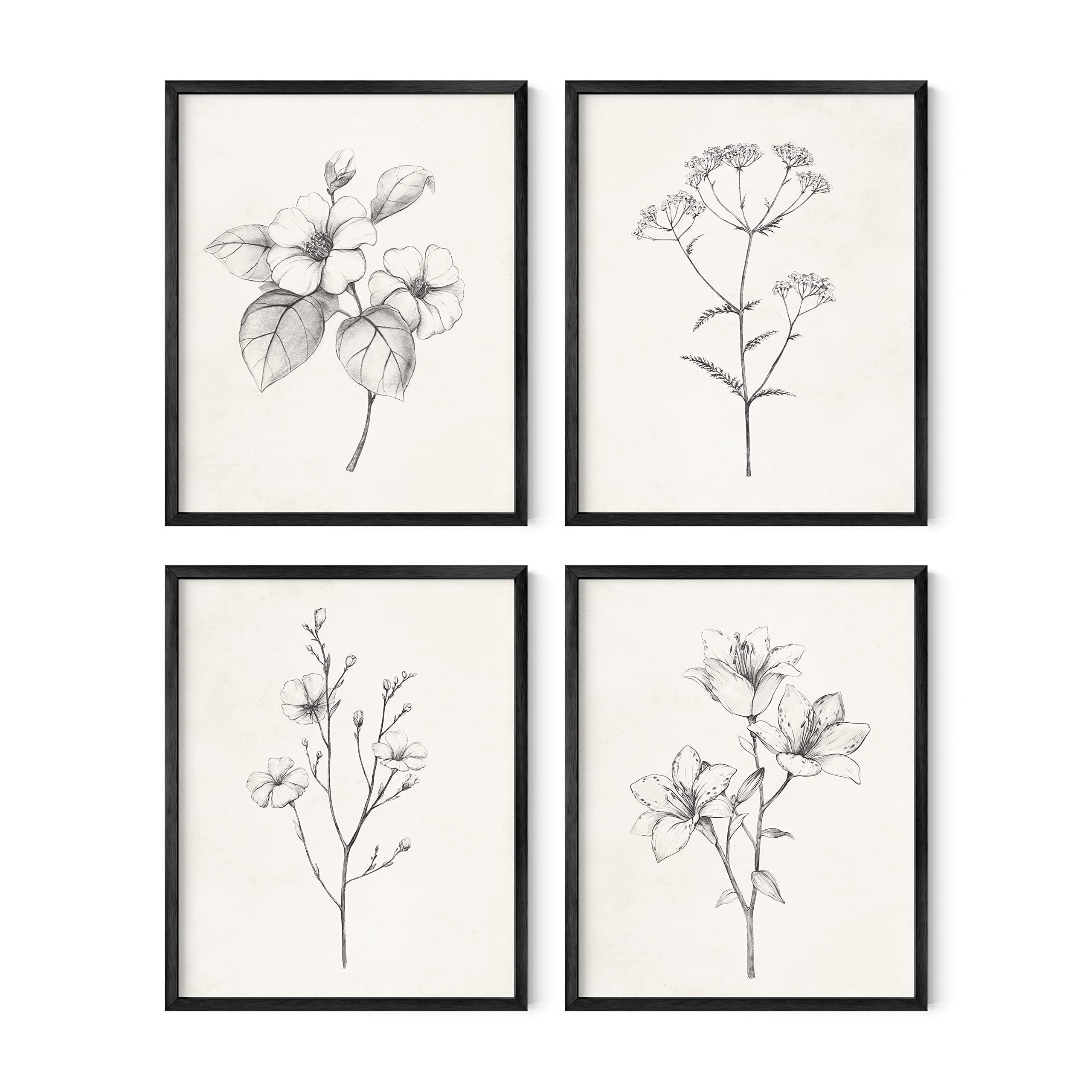 HAUS AND HUES Vintage Grey Floral Wall Art Set of 4 - Botanical Prints, Black and White Flower Pictures for Room Decor | Farmhouse Bathroom, Rustic Home Aesthetic (Black Frame, 8x10) | Perfect for Living Room, Bedroom, Office & Gift Ideas