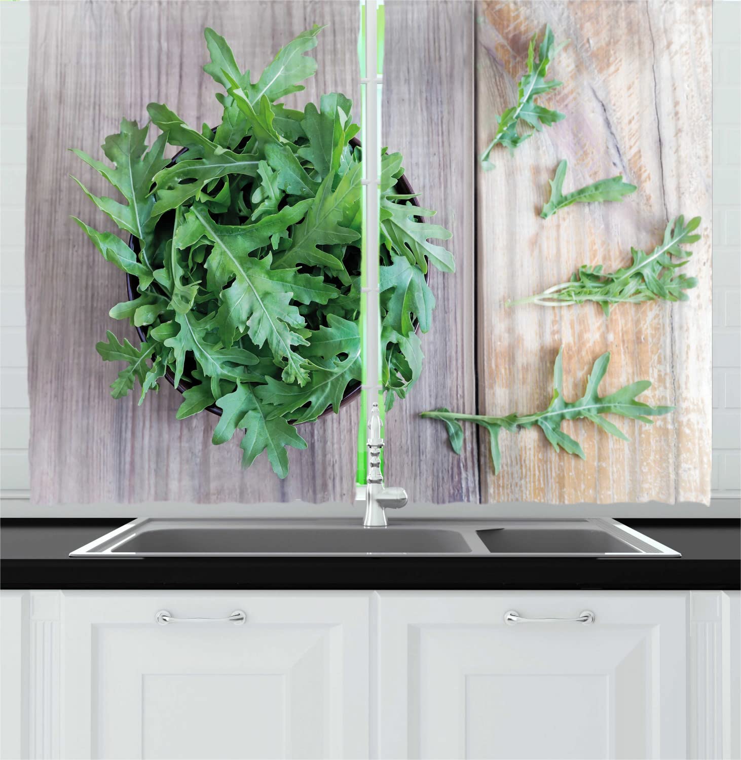 Ambesonne Kitchen Curtains Set of 2 Panels - Arugula Leaves Closeup on Rustic Wooden Table, 55