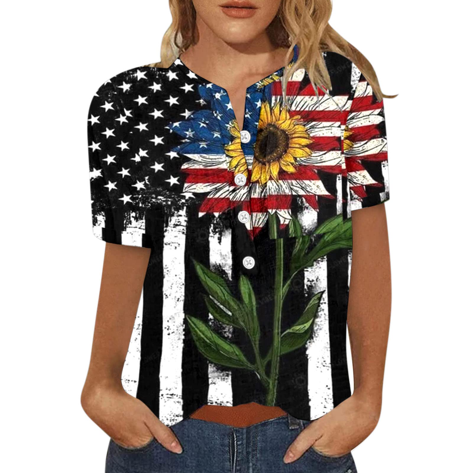Women's American Flag Print Short Sleeve T-Shirt - Casual Summer Fashion Top with Button Neck for Ladies | Patriotic Outfit for 4th of July, BBQ Parties & Casual Wear